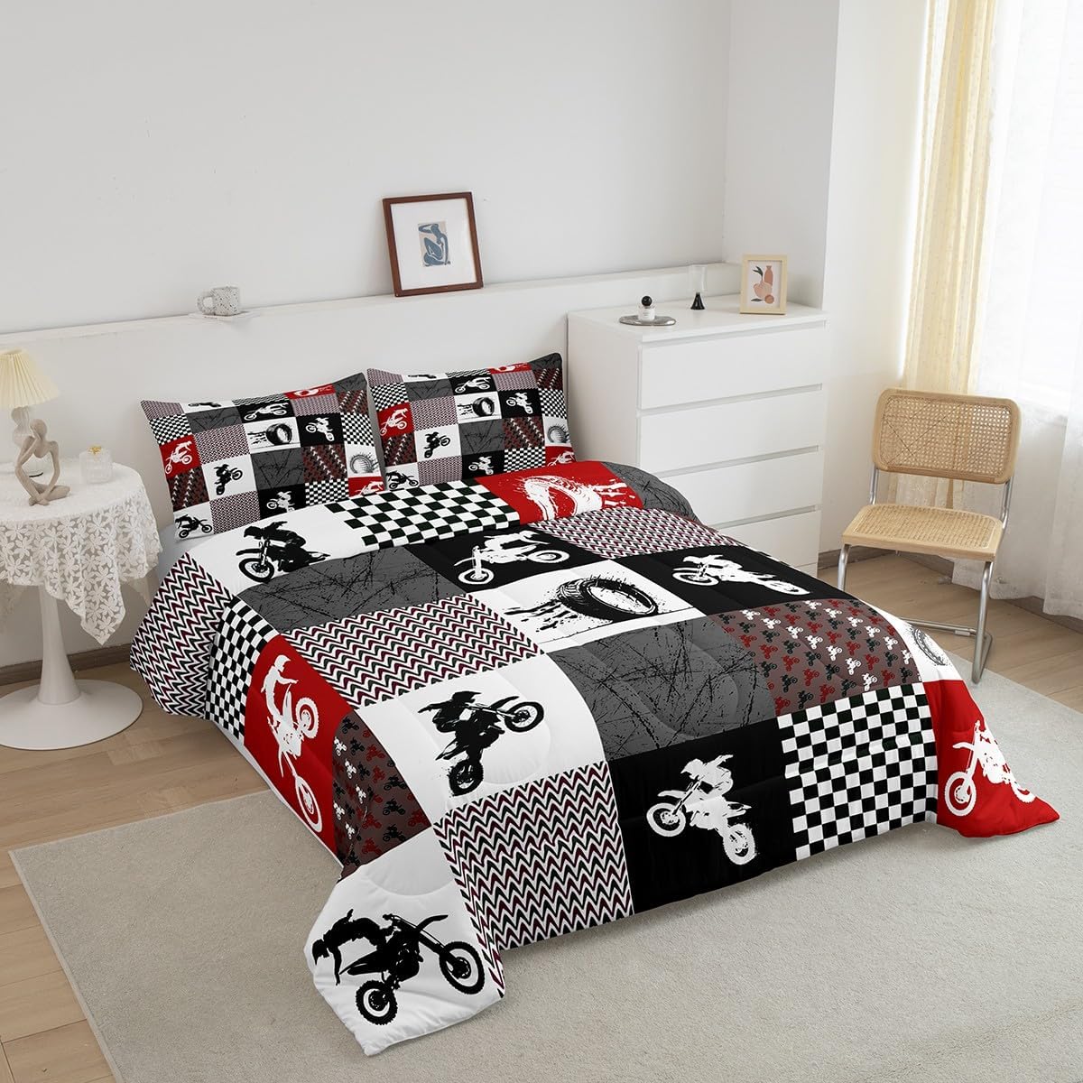 Feelyou Dirt Bike Comforter Set for Boys Kids Twin Size Extreme Sports Comforter Room Decorative Racing Motocross Rider Bedding Set Red Buffalo Check Duvet Set 2Pcs Quilt Set with 1 Pillow Case - Image 2