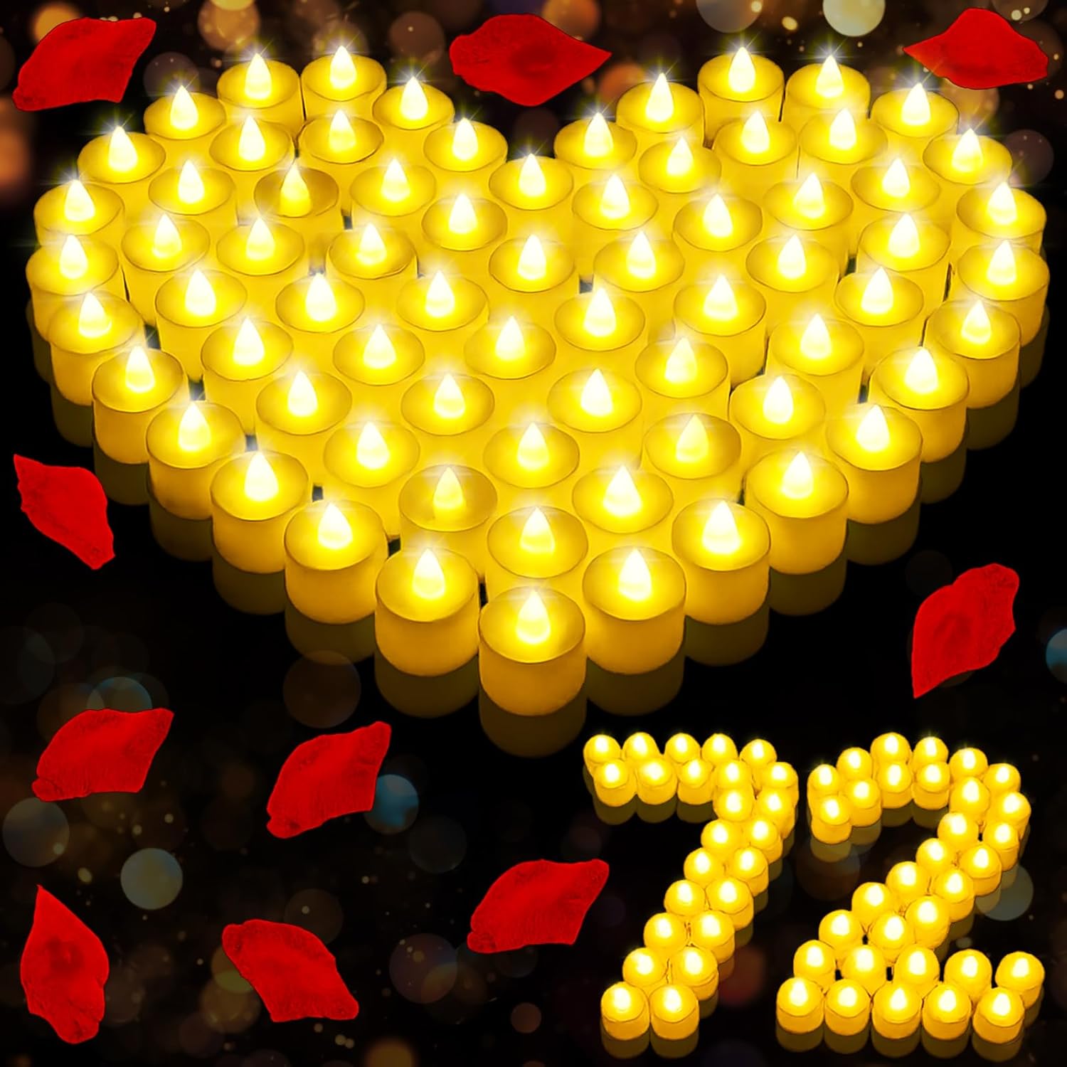 Coume 72 Pack Flameless Tea Light Candle Wedding Flameless Flickering LED Battery Operated Candle for Sweetest Day Anniversary Romantic Night Honeymoon Table Decor(Yellow)