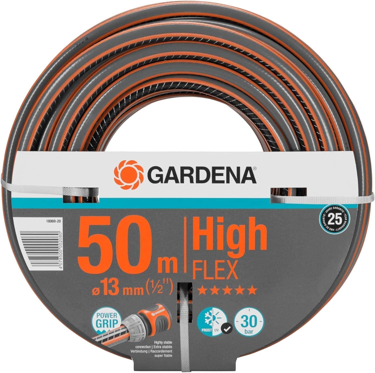Gardena Comfort Highflex - Manguera (10 x 10, 13 mm, 1/2", 50 m, sin accesorios) + 18291-20 Kit, Negro, Gris, Naranja, Plata