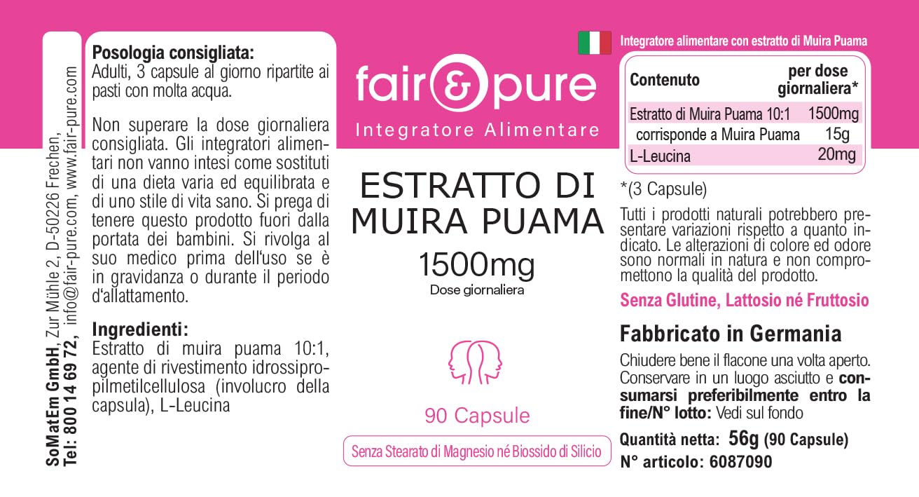 Fair & Pure Muira Puama 500mg, 90 Kapseln, schluckfreundlich, 10:1 Extrakt, Nahrungsergänzungsmittel vegan ohne Magnesiumstearat, in Deutschland hergestellt (Packung mit 2)