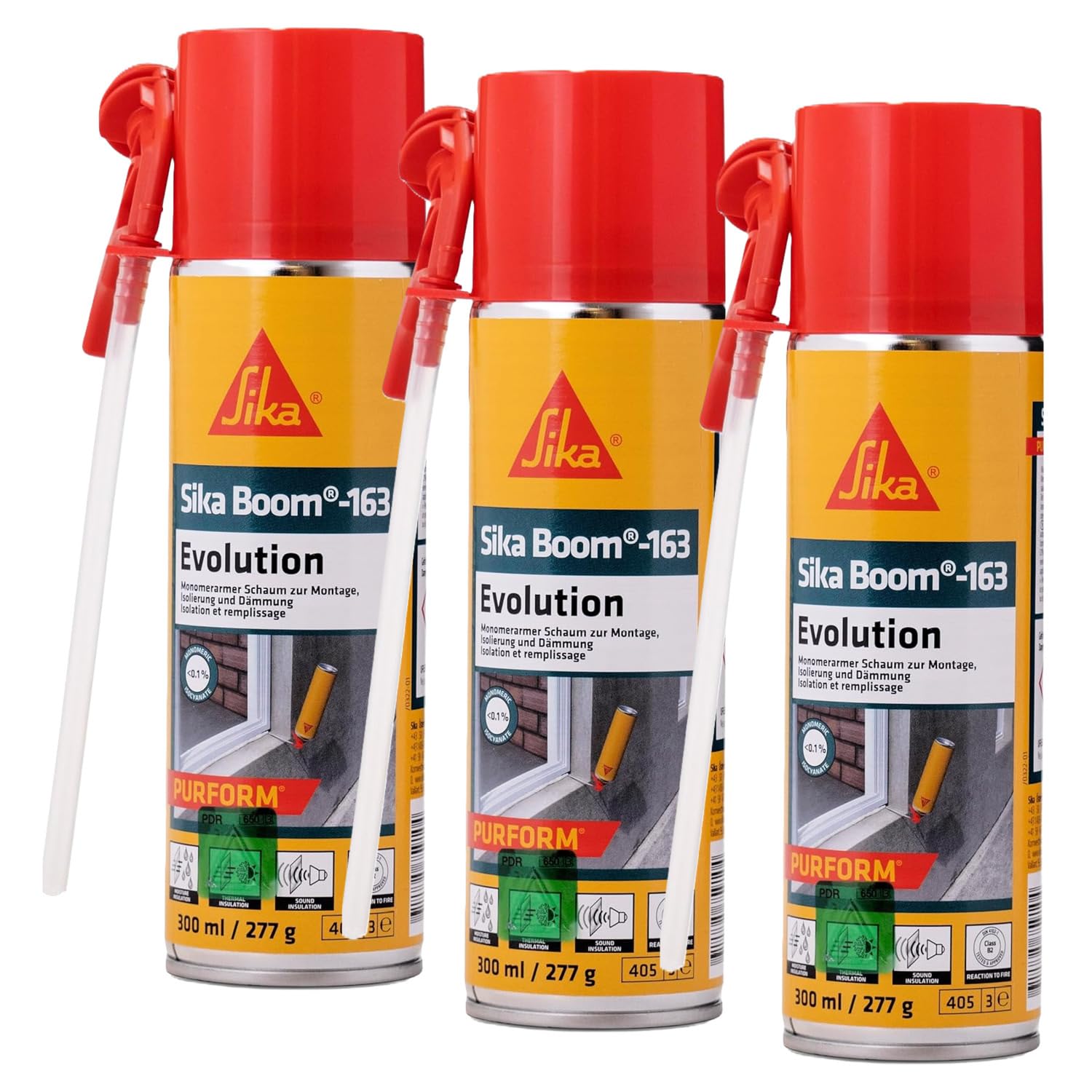 SIKA - Montageschaum - SikaBoom-163 Evolution weiss - PU-Schaum zum Füllen von Hohl- und Zwischenräumen - 300ml inkl. Adapter (Packung mit 3)