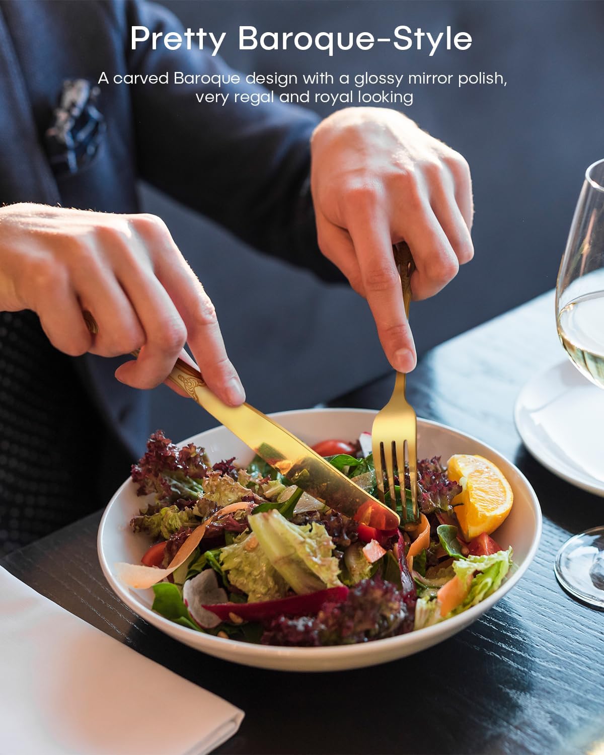 Silverware set with Steak Knives, Ollex 48PCS Retro Royal Flatware Set for 8 with 1pc Box, Food-Grade Stainless Steel Utensil Sets Includes Spoons Forks and Knives, Mirror Finish Dishwasher Safe