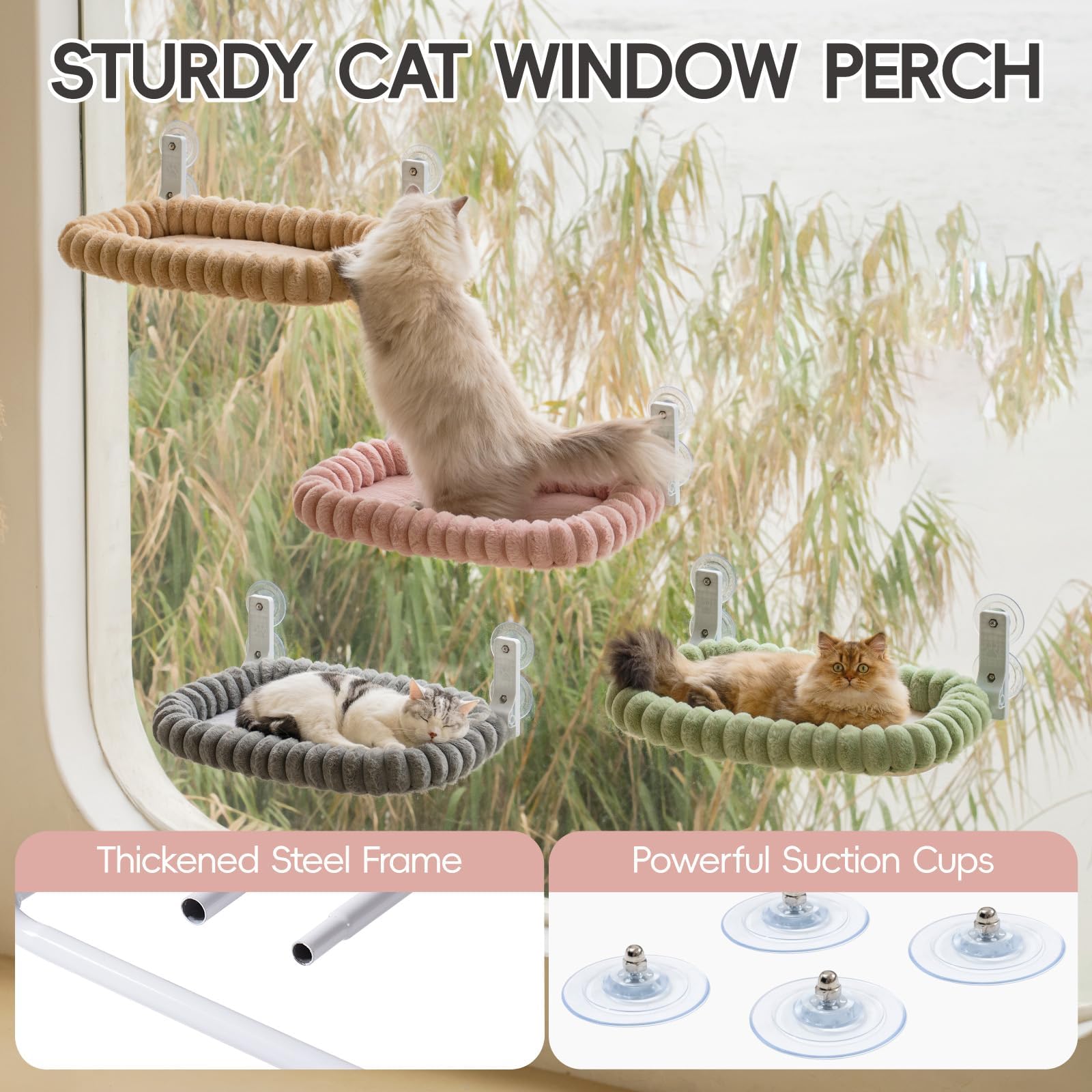 MEWOOFUN Amaca per gatti in peluche, pieghevole, con letto rimovibile e reversibile per gatti, morbido con telaio in acciaio ispessito, 4 potenti ventose robuste fino a 18kg (Verde, M)