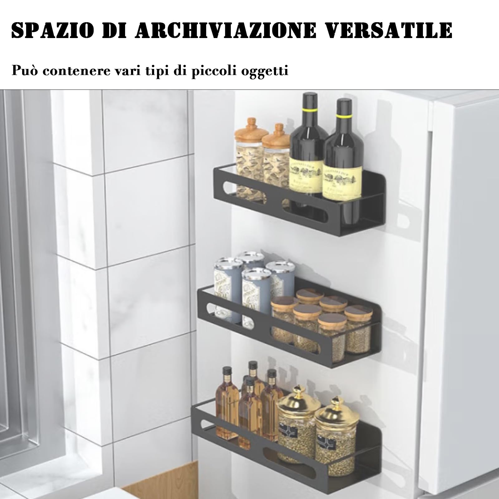 4 portaspezie magnetiche, Portaspezie Magnetico per Frigorifero, portaspezie, da parete, per frigorifero, in metallo, per spezie, da appendere, per porta dell'armadio,Senza Foratura (nero)