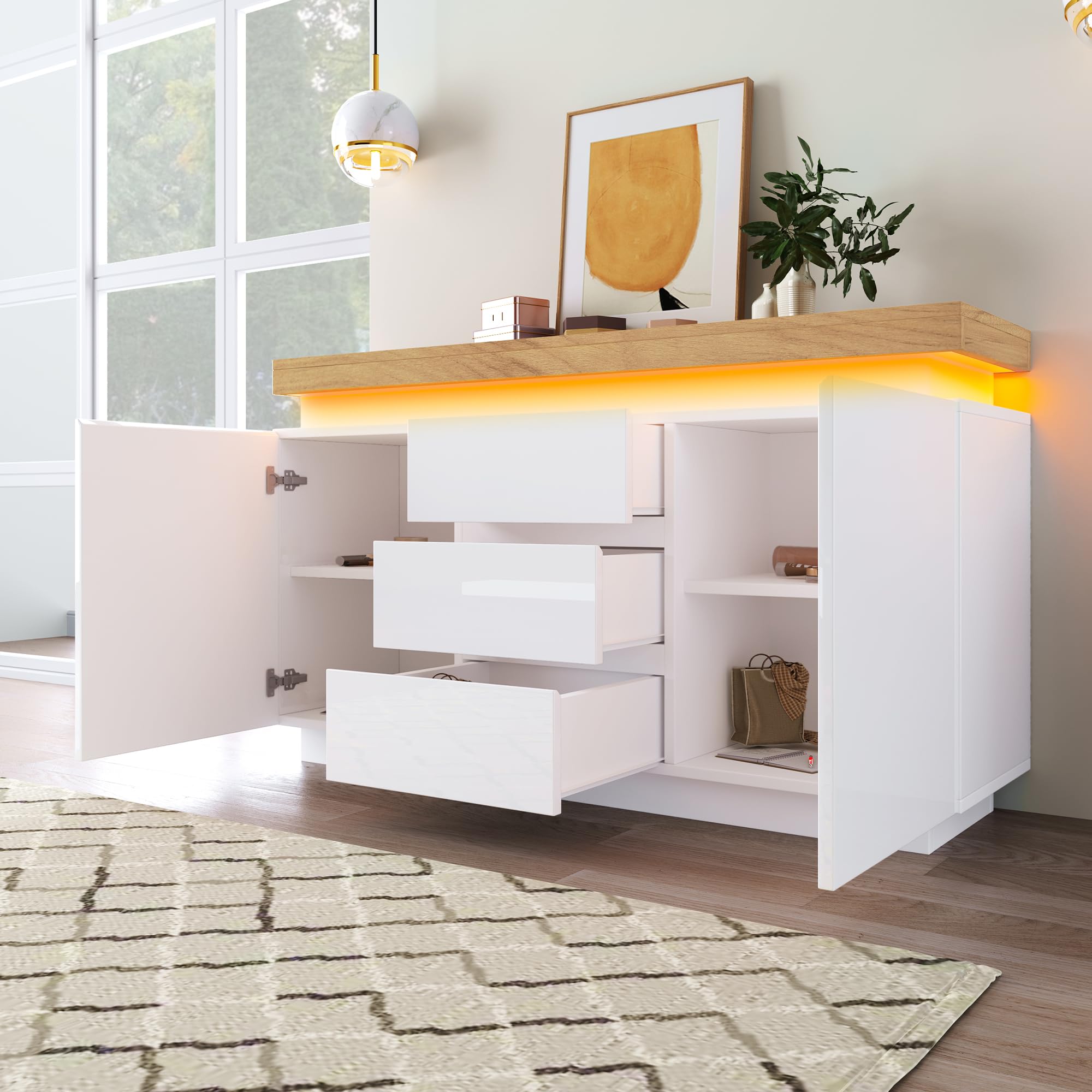Kayan Kommode, Hochglanz Sideboard mit 2 Türen und 3 Schubladen, LED Beleuchtung (App Control), Mehrzweckschrank für Wohnzimmer und Schlafzimmer, 140 x 39 x 81 cm, Weiß