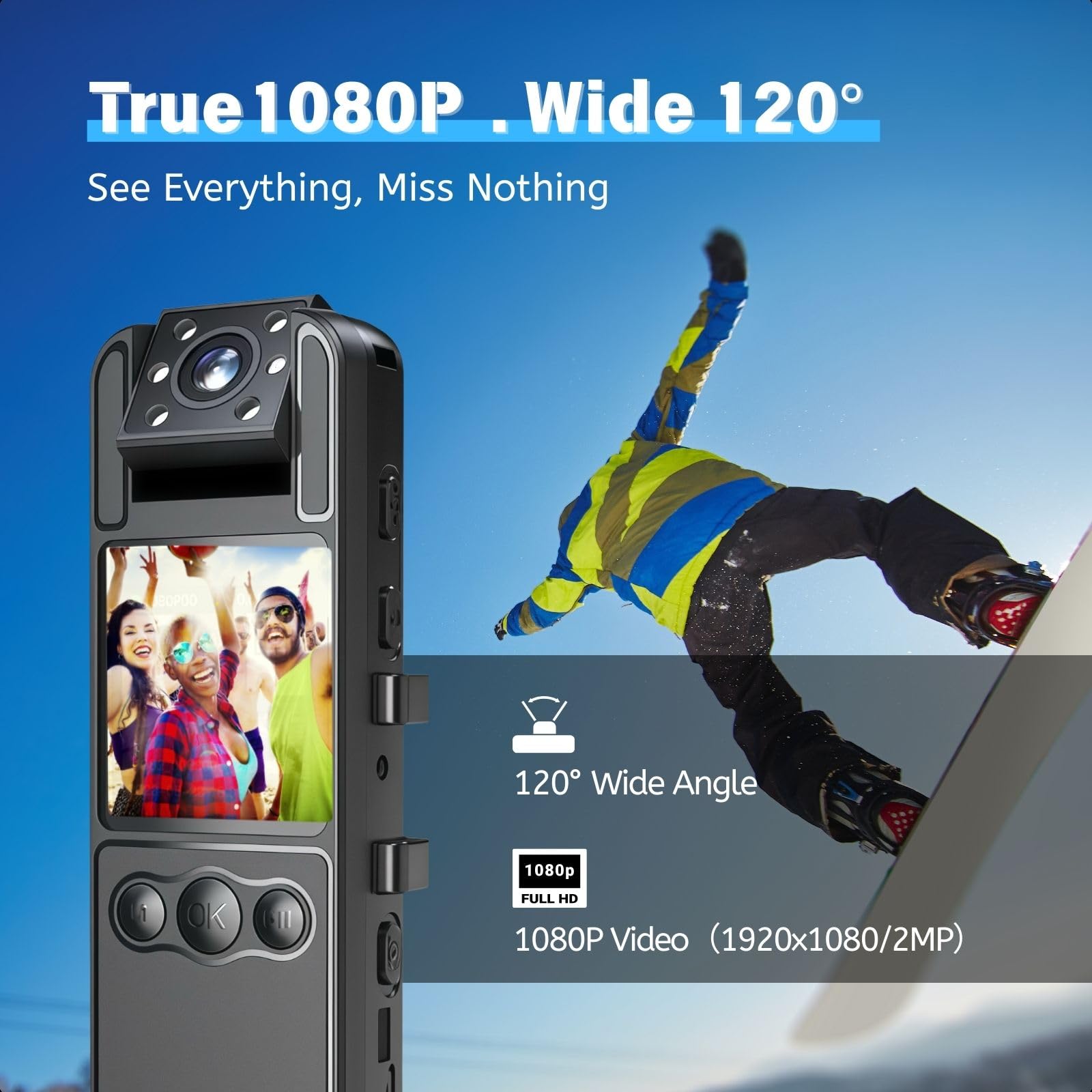 128G Caméra corporelle 1080P avec Objectif Rotatif de 180°, caméra de Sport avec 6 Heures d'autonomie de Batterie, Vision Nocturne, caméra Portable pour Animaux domestiques (H82-1080P-128G)