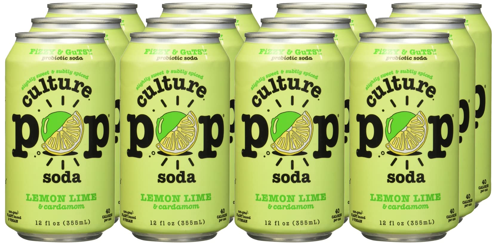 Culture Pop Lemon Lime & Cardamom Probiotic Soda, Plant Based, 12 Fluid Ounces (Pack Of 12)