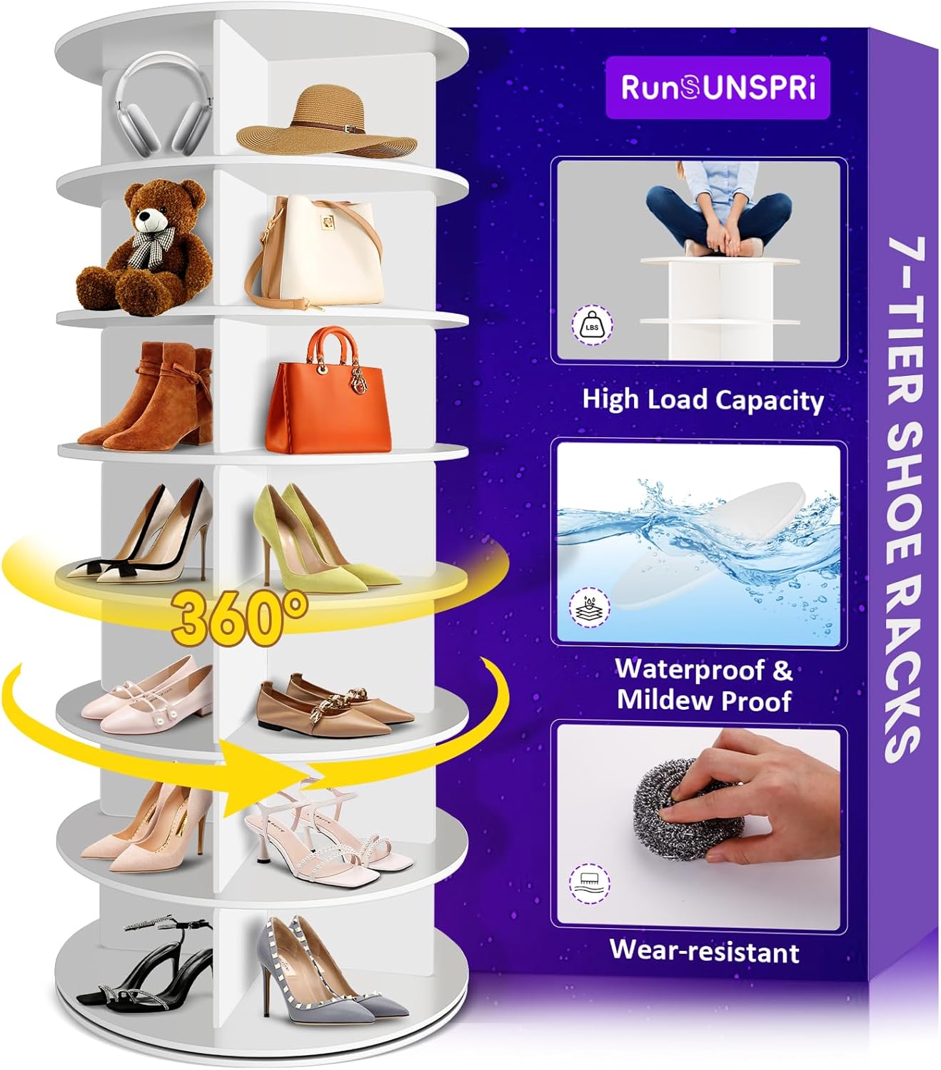 7 Tier Rotating Shoe Rack Corner Organizer 360°Rotating Shoe Rack Tower Spinning Shoe Rack Tower for Bedroom Entryway Closet Holds 28-32 Pairs of Shoes Handbags Hats Display Decor