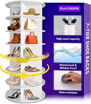 RUNSUNSPRI 7 Tier Rotating Shoe Rack Corner Organizer 360Rotating Shoe Rack Tower Spinning Shoe Rack Tower for Bedroom Entryway Closet Holds 28-32 Pairs of Shoes Handbags Hats Display Decor