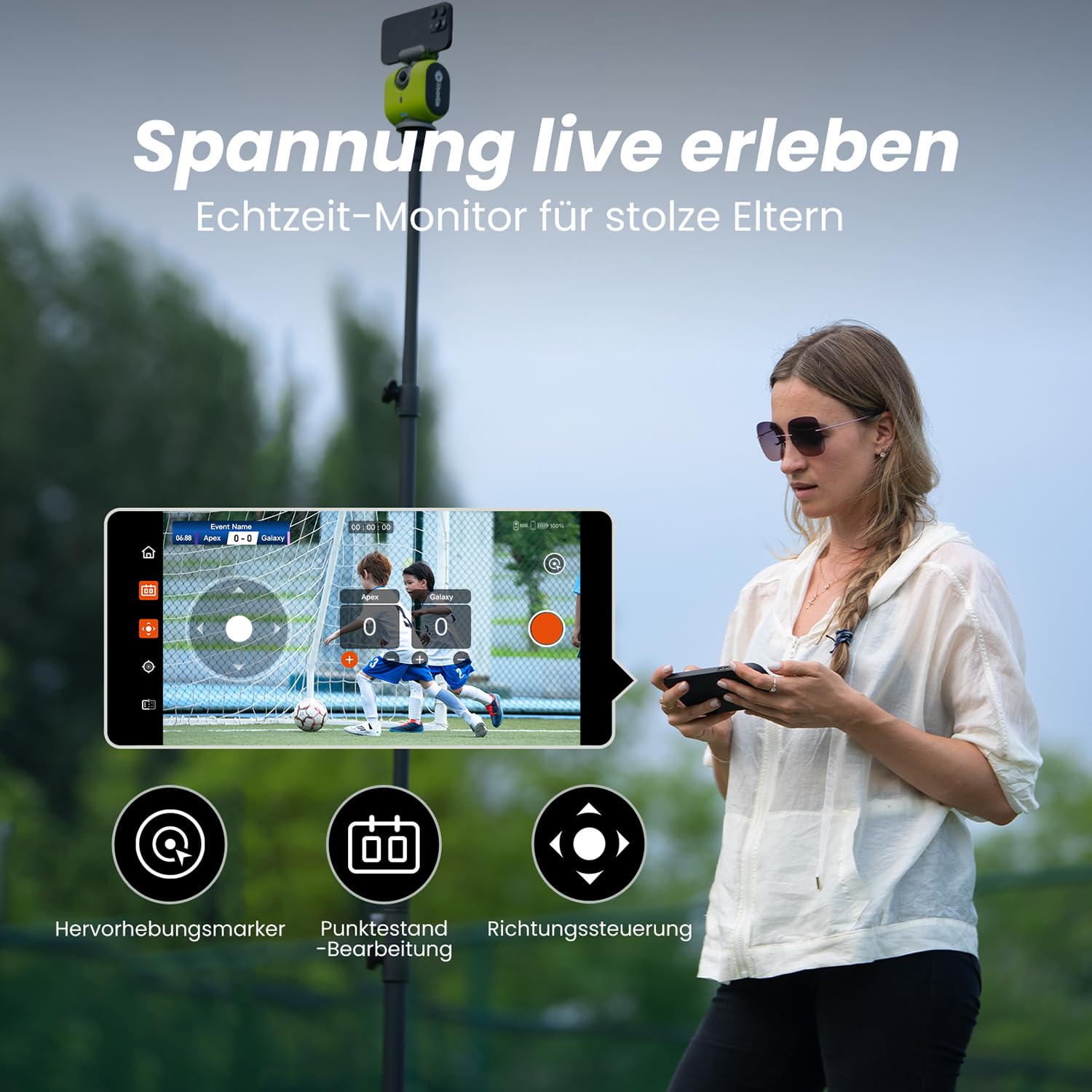 XbotGo Chameleon KI Team Sports Action Cam 4K 60FPS - Automatisch Verfolgen Fußball und Basketball, Freihändige Action Kamera für Sport, Live-Streaming, Kein Abonnement, mit iOS&Android (Lemon Green)