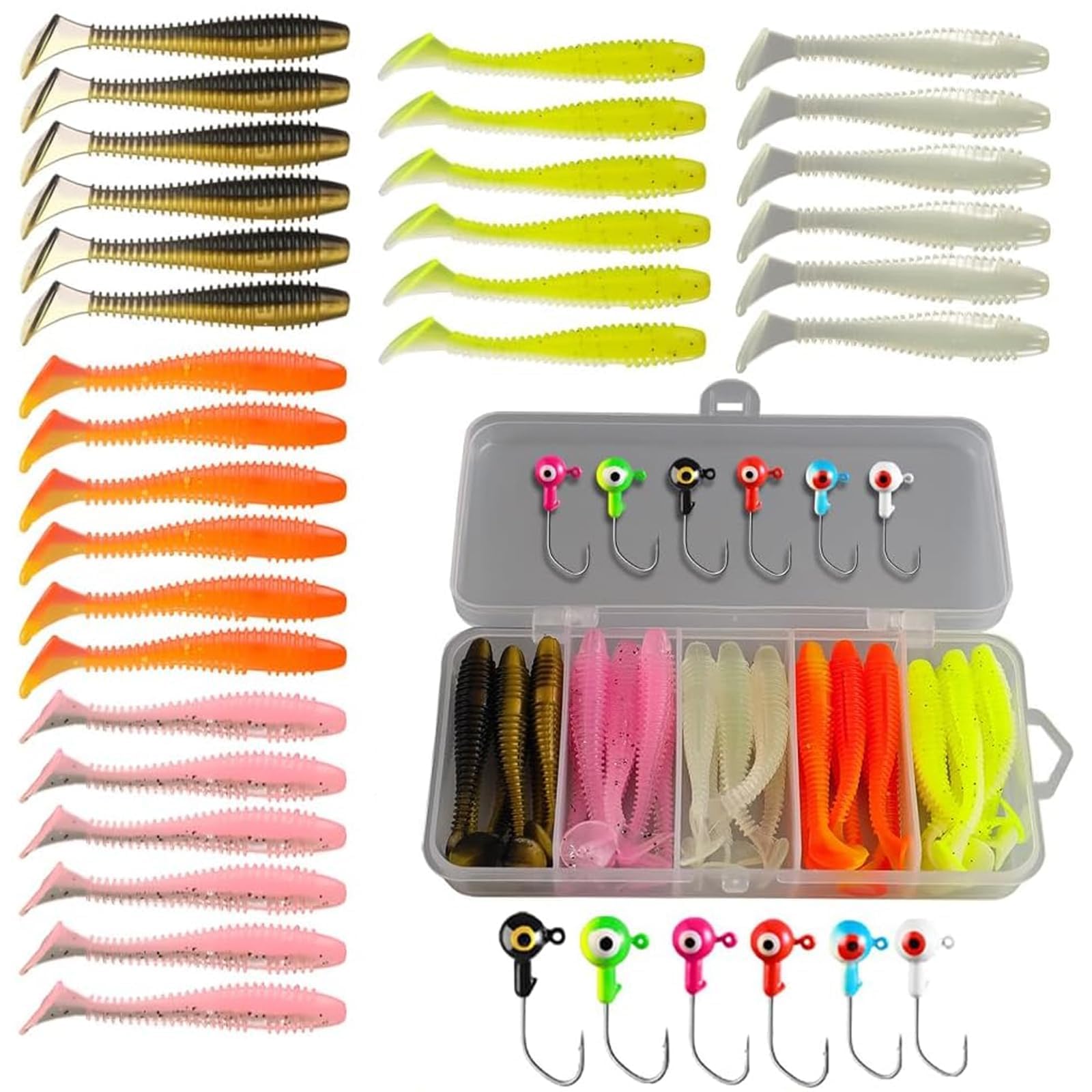 37 PCS Fishing Lures with Jig Heads, Soft Plastic Grubs with Lure Box, Soft Fishing Lures for Bass Freshwater Saltwater Crappie Trout Versatile Freshwater and Saltwater Bait