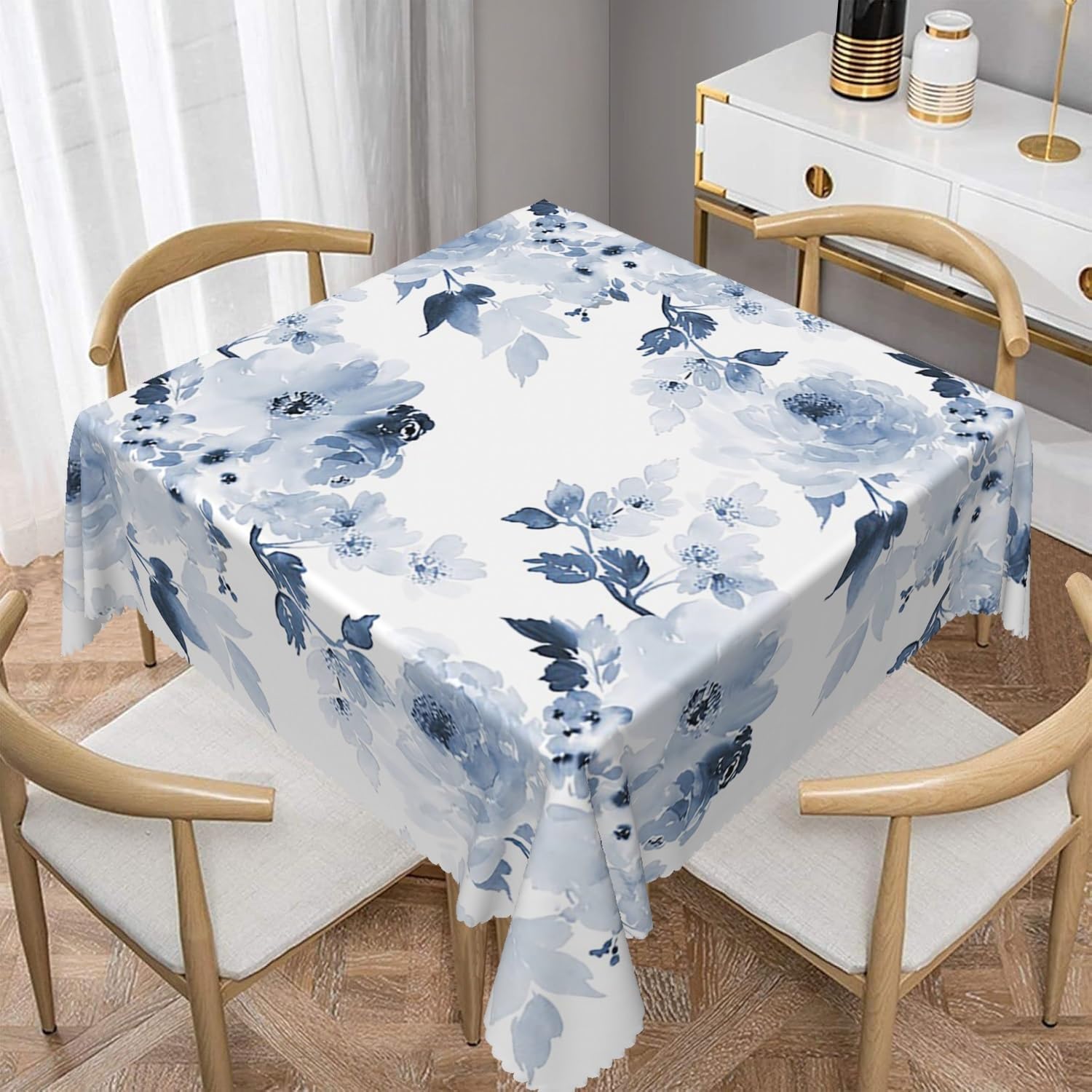 70x70inches Watercolor Blue Floral Tablecloth Navy and White Flowers Printed Modern Minimalist Art Square Table Cloth Waterproof Fabric Table Cover for Kitchen Dining Room Patio Party Decors