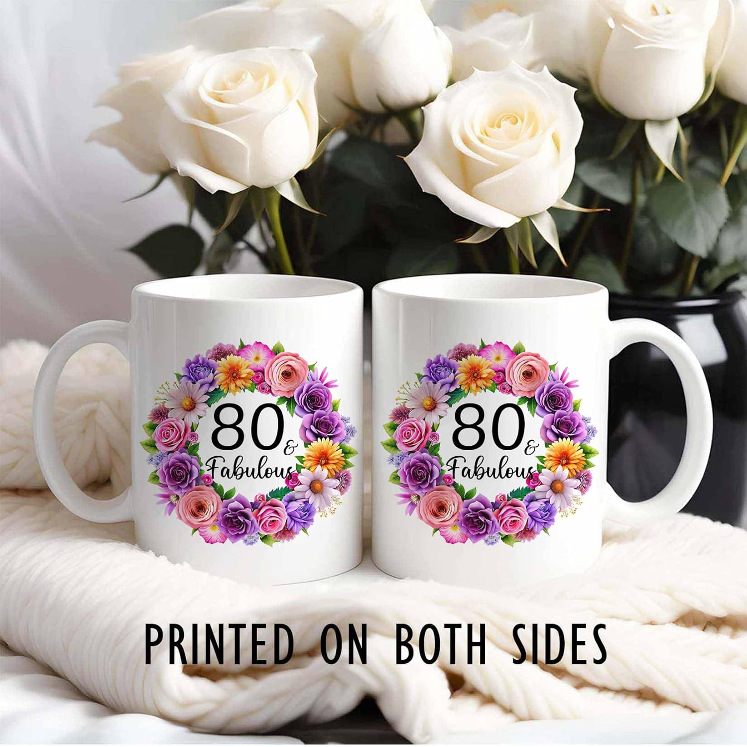 80th Birthday Gifts for Women, 80 and Fabulous Mug, 80 Year Old Birthday Gifts For Woman Mom Grandma Mother Wife Sister Nurse Aunt, 11 Oz Floral Coffee Cup (80th) - Image 3