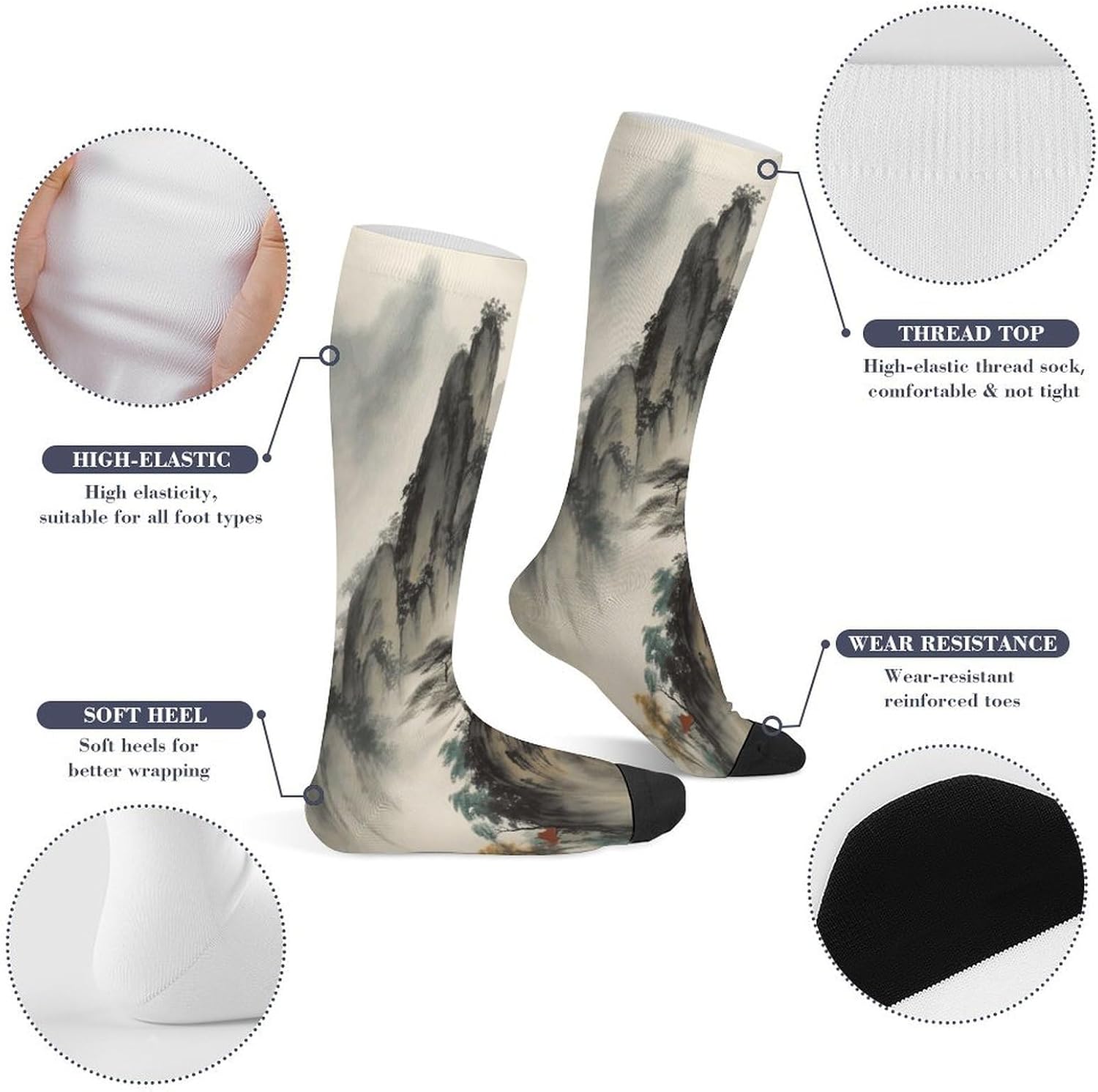 Chinese Landscape Painting Compression Socks for Man Women Breathable Knee High Tube Socks Baseball Football Sock Over The Calf Sock Circulation Support for Running Travel Athletic Daily Wear