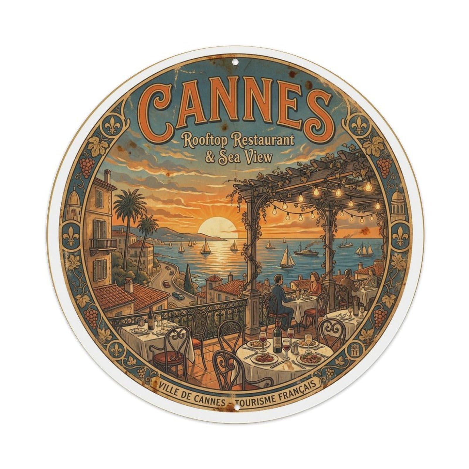 City Travel Harbor Sunset Bike Ride Cannes Riviera Metal Tin Sign