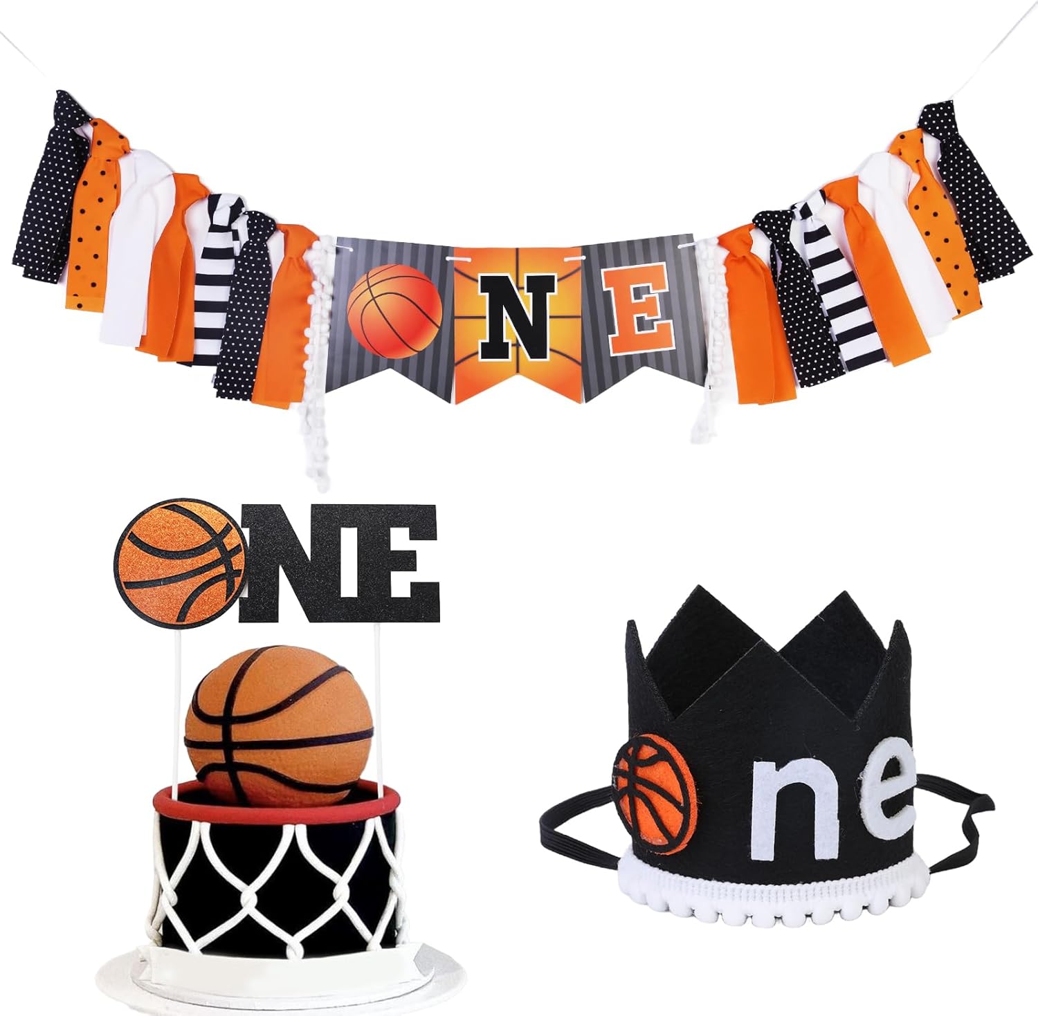 バスケットボール 1歳の誕生日デコレーション - バスケットボール ハイチェアバナー1個、ケーキトッパー1個、ベビークラウン 1歳の