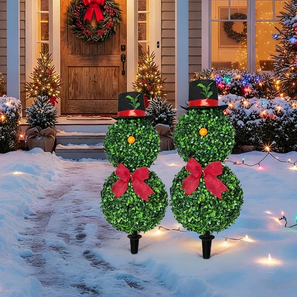 Świąteczny bałwan bukszpan topiary, 80 cm, sztuczny bałwan z czerwoną kokardą i kapeluszem Świętego Mikołaja, duże, realistyczne świąteczne topiary do dekoracji wnętrz, na zewnątrz, do domu, na
