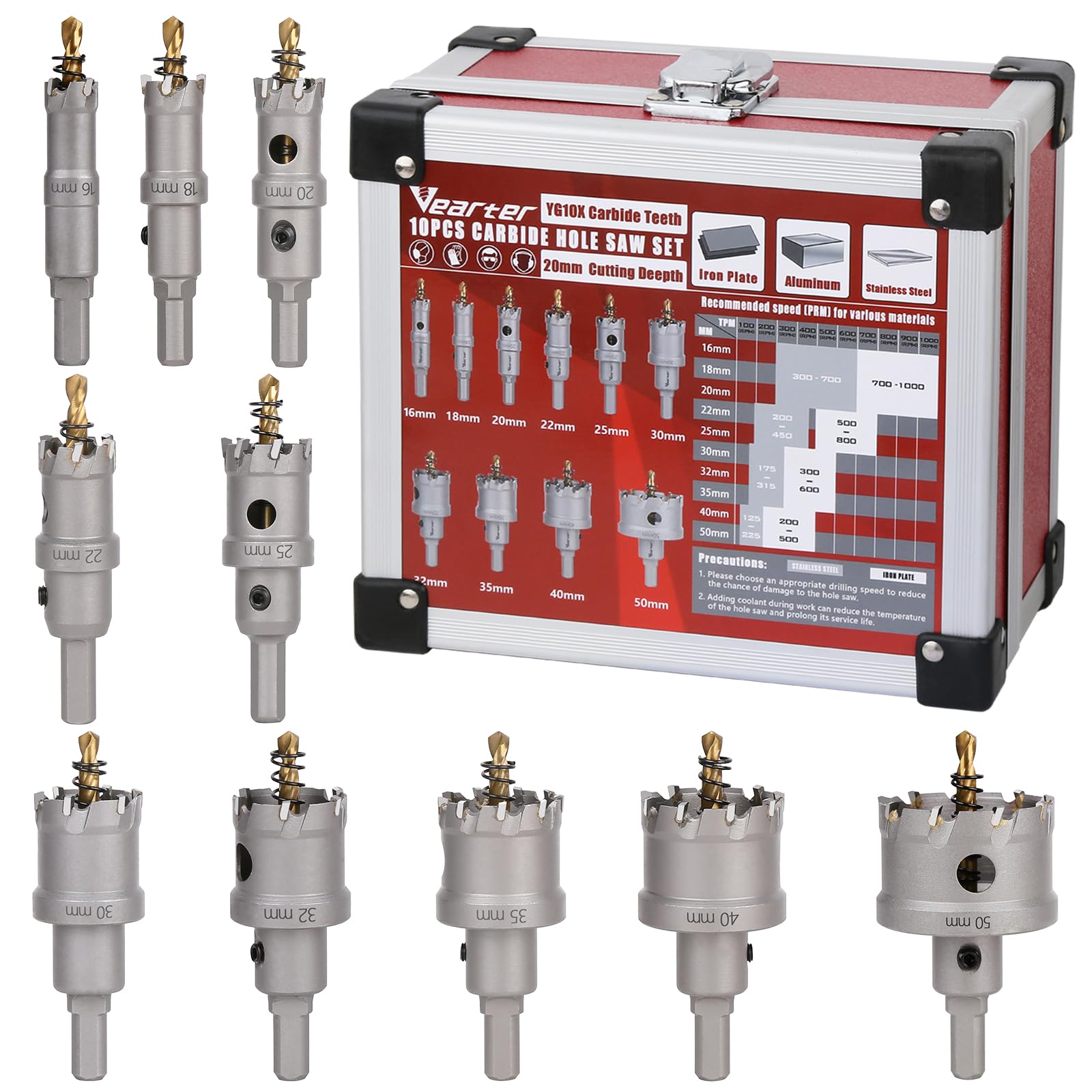 10PCS Carbide Hole Saw Kit, 16-50mm Metal Hole Cutter with Pilot Drill, TCT Tipped Drill Bit Set for Stainless Steel, Hard Metal, Iron, Mild Steel, Aluminium, Alloy, Plastic, Fiberglass