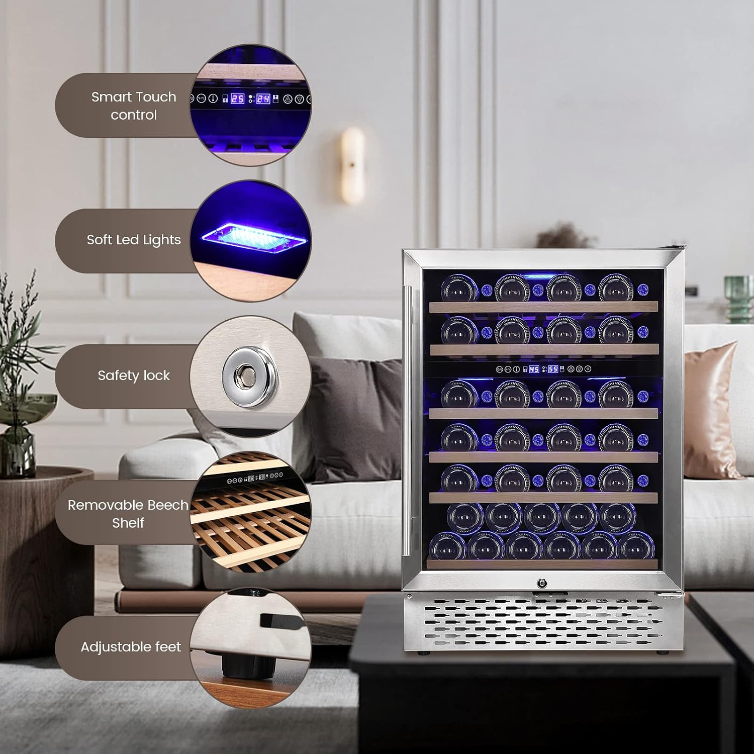 Wine Cooler with 51 Bottle Capacity Dual Zone 24" Wine Cooler, Quiet Compressor, Seamless Stainless Steel Design, and Temperature