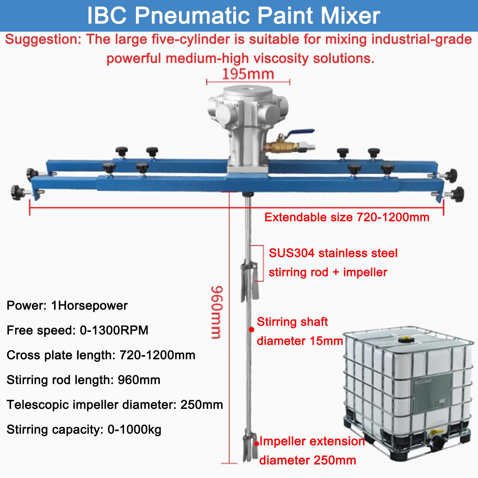 Mezclador neumático de Pintura de Acero Inoxidable para Tanques IBC, agitador de Servicio Pesado de 1300RPM con Soporte Ajustable, Ideal para soluciones de viscosidad Media-Alta Mezcla