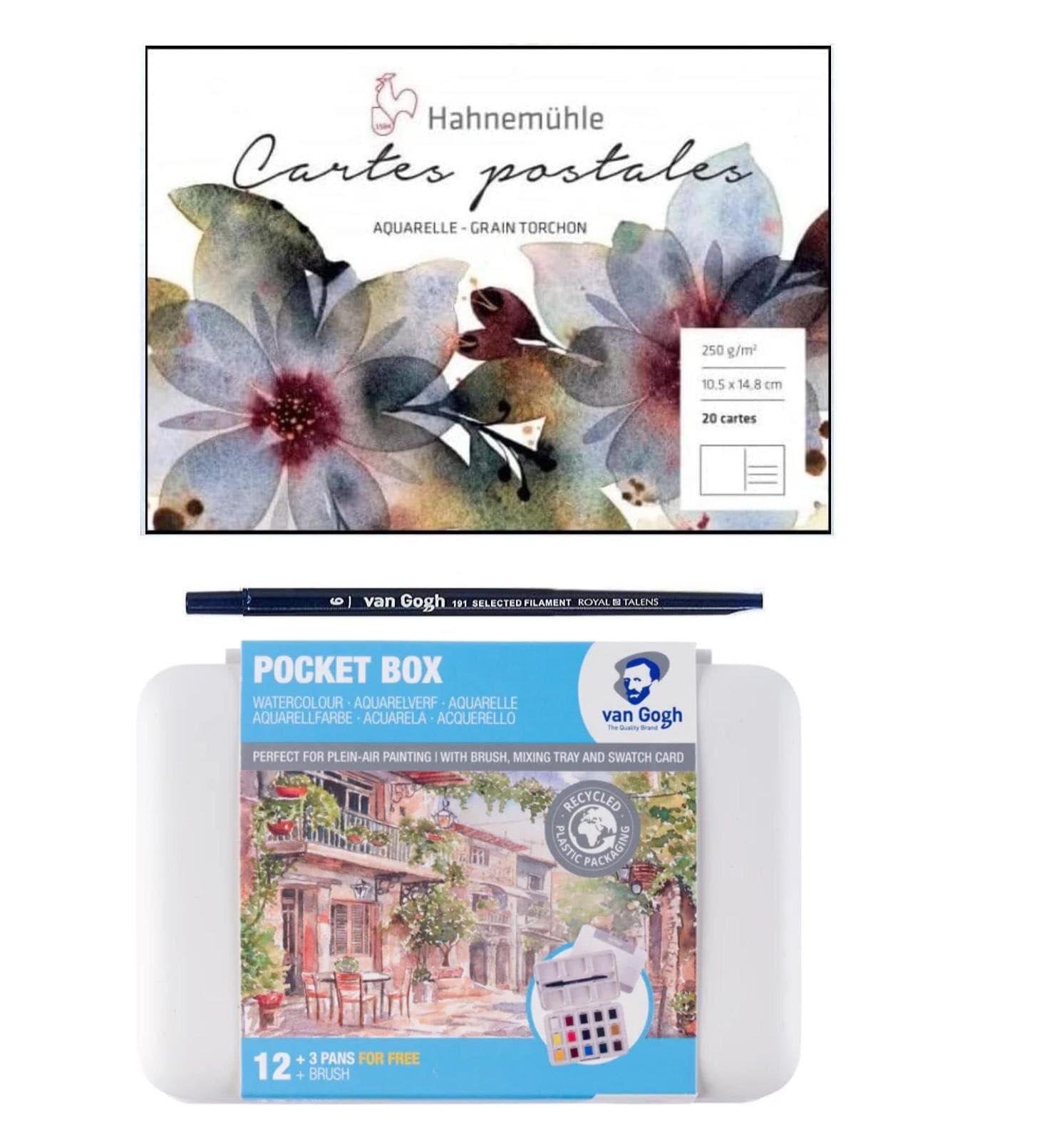 Van Gogh - Acuarela Van Gogh Pocket Box 15 medios cubos + Pincel sintético + Bloque de acuarela Hahnemühle Bloque de postkartenbloque 10,5x14,8cm