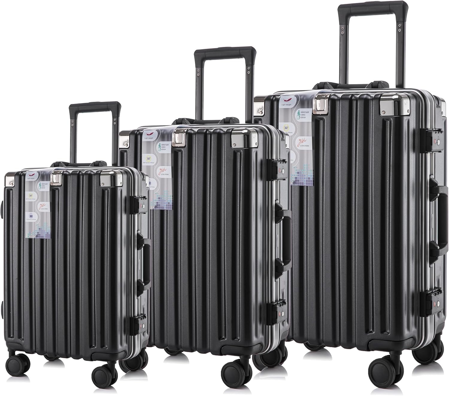 Luggage Sets 3 Piece Aluminum Frame Carry On and Checked Suitcase PC ABS Hard Shell Lock No Zipper (Black)