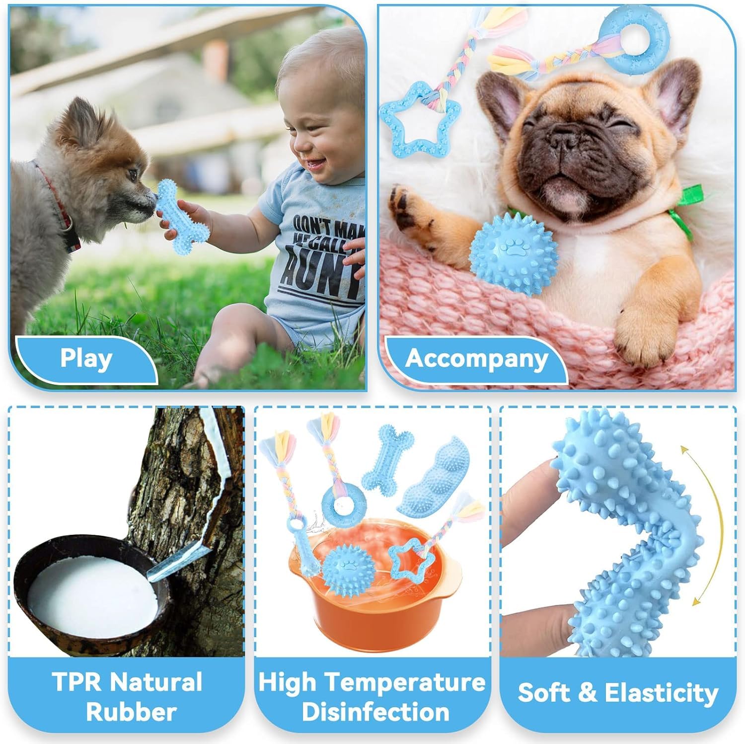6 Pack Dog Chew Toys Set, Puppy Teething Toys, Blue Textured Rubber Squeaky Ball, Bone, Ring and Rope Toys, Small to Medium Dogs - Image 4