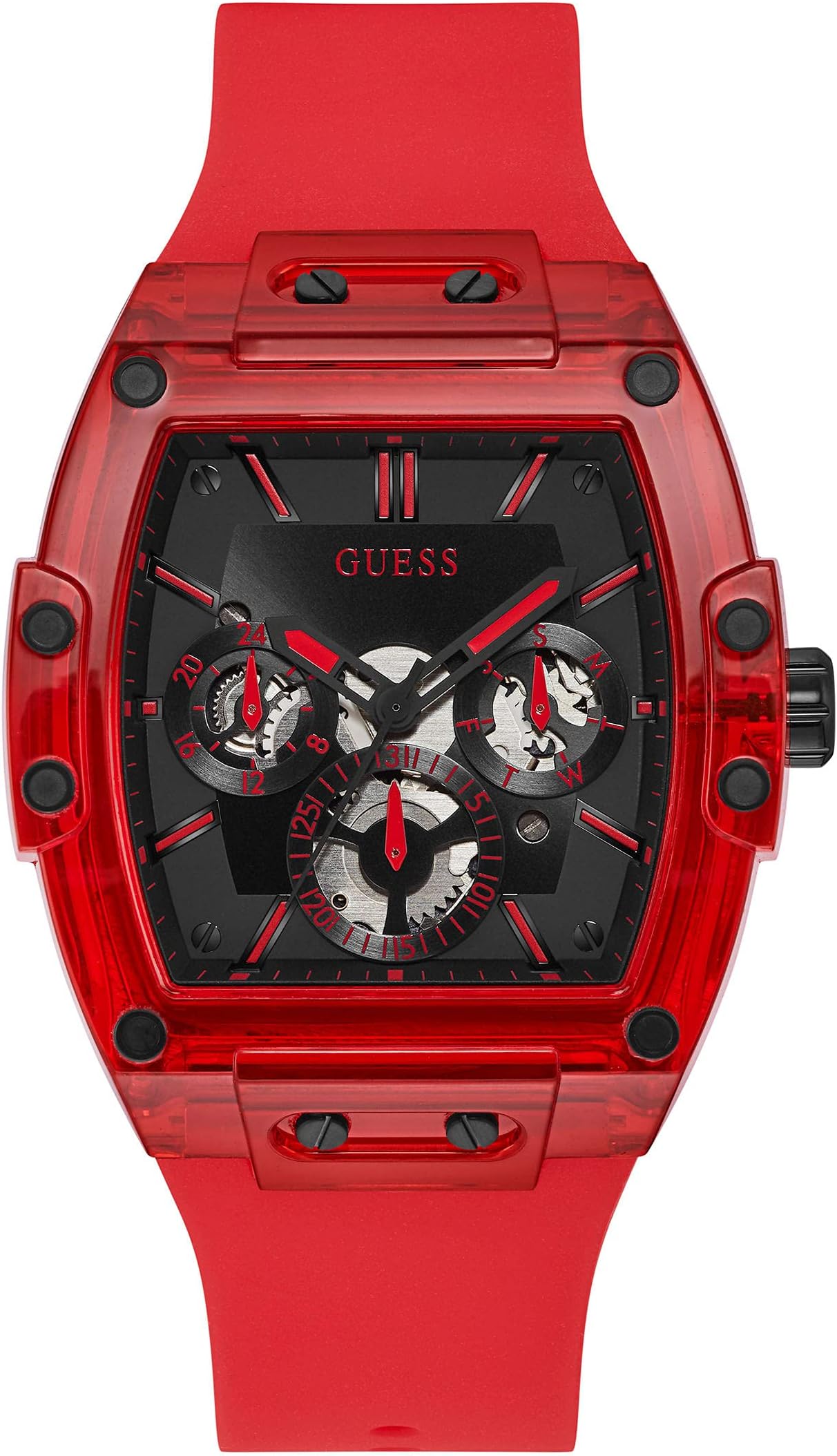 GUESS Men's Polycarbonate Quartz Watch with Silicone Strap, Red, 24