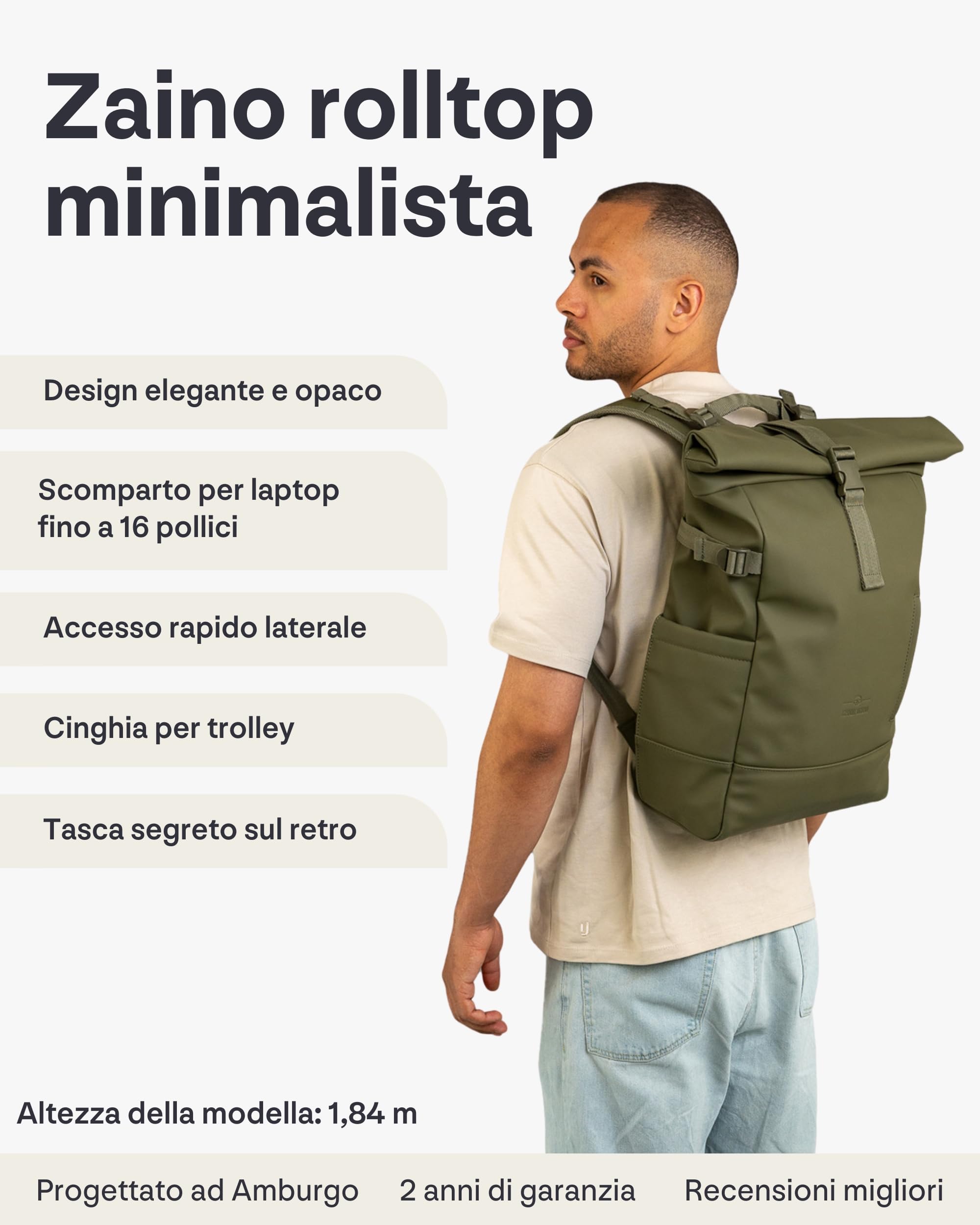 Johnny Urban Zaino Donna Uomo Verde - Harvey Large - Rolltop 21l per Lavoro Viaggi Università Tempo Libero Sport - Serie Sleek - Scomparto per Laptop fino a 16 Pollici