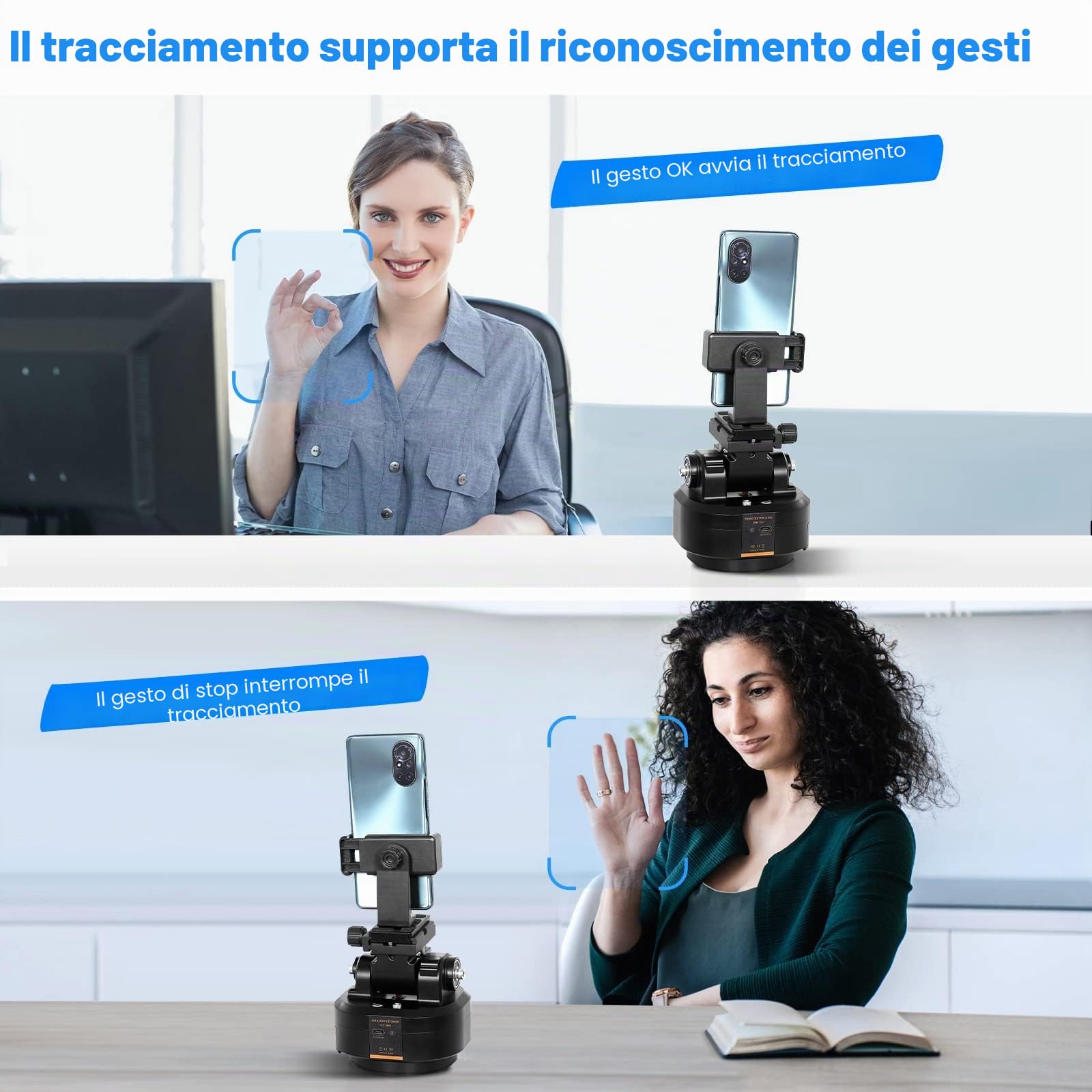 Soonpho M6 Auto Face Tracking Motorized Rotating Panoramic Tripod Head, AI Smart Face Body Tracking Remote Control Pan Tilt Head con telecomando e clip per cellulare