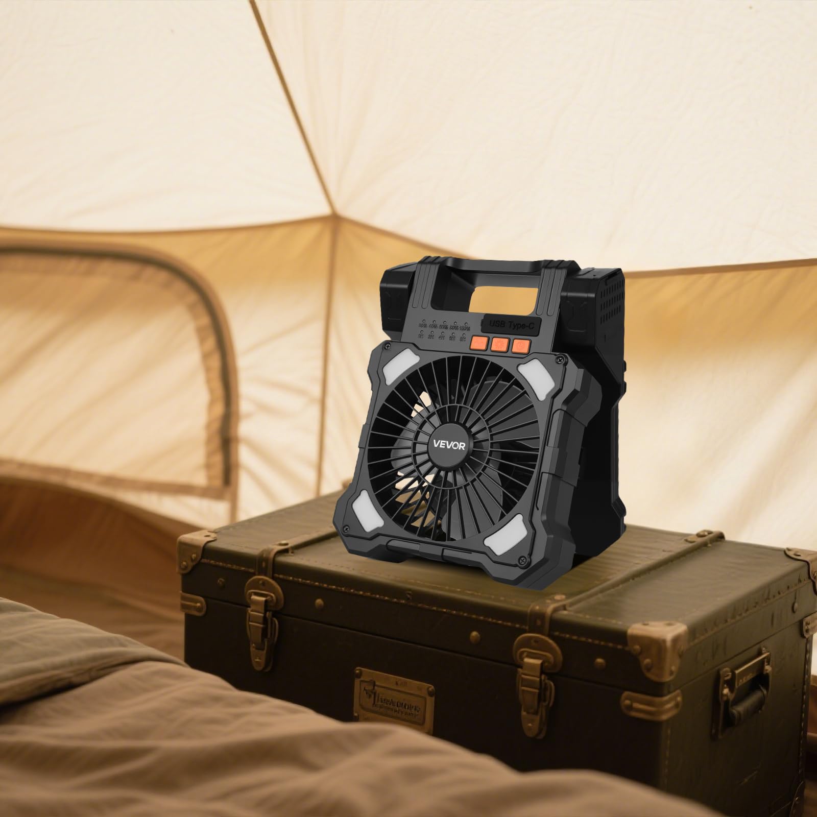 VEVOR Ventilatore Solare Ricaricabile 20000 mAh con Lanterna a LED, Ventilatore Portatile Senza Fili da 20 cm con Pannello Solare Pieghevole da 7 W 5 Velocità, Alimentato a Batteria USB per Campeggio
