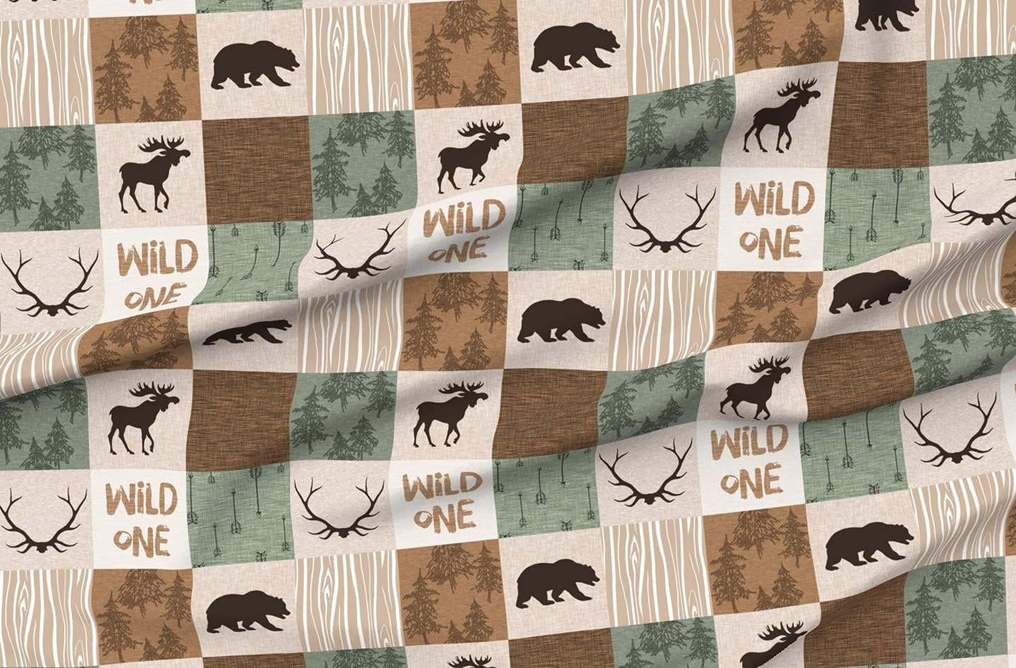 Spoonflower Fabric - Wild Cheater Quilt Wholecloth Top Boy Green Brown Bear Moose Deer Printed on Organic Cotton Sateen Fabric by The Yard - Sewing Quilting Apparel Home Decor