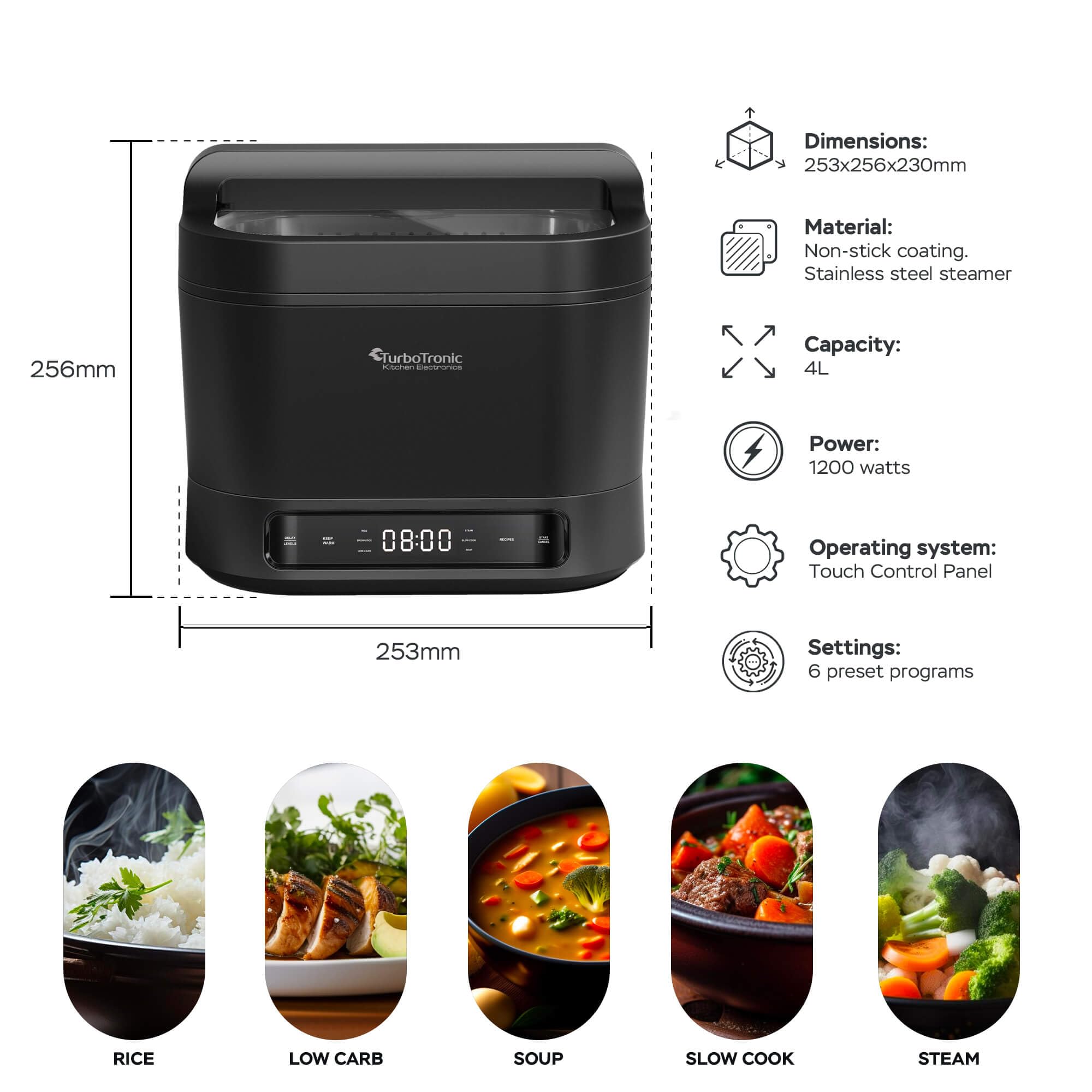 TurboTronic Elektrischer Multikocher 4L Schwarz Dampfkocher, Reiskocher, Slow-Cooker, Küchenmaschine, 1200W, Timer