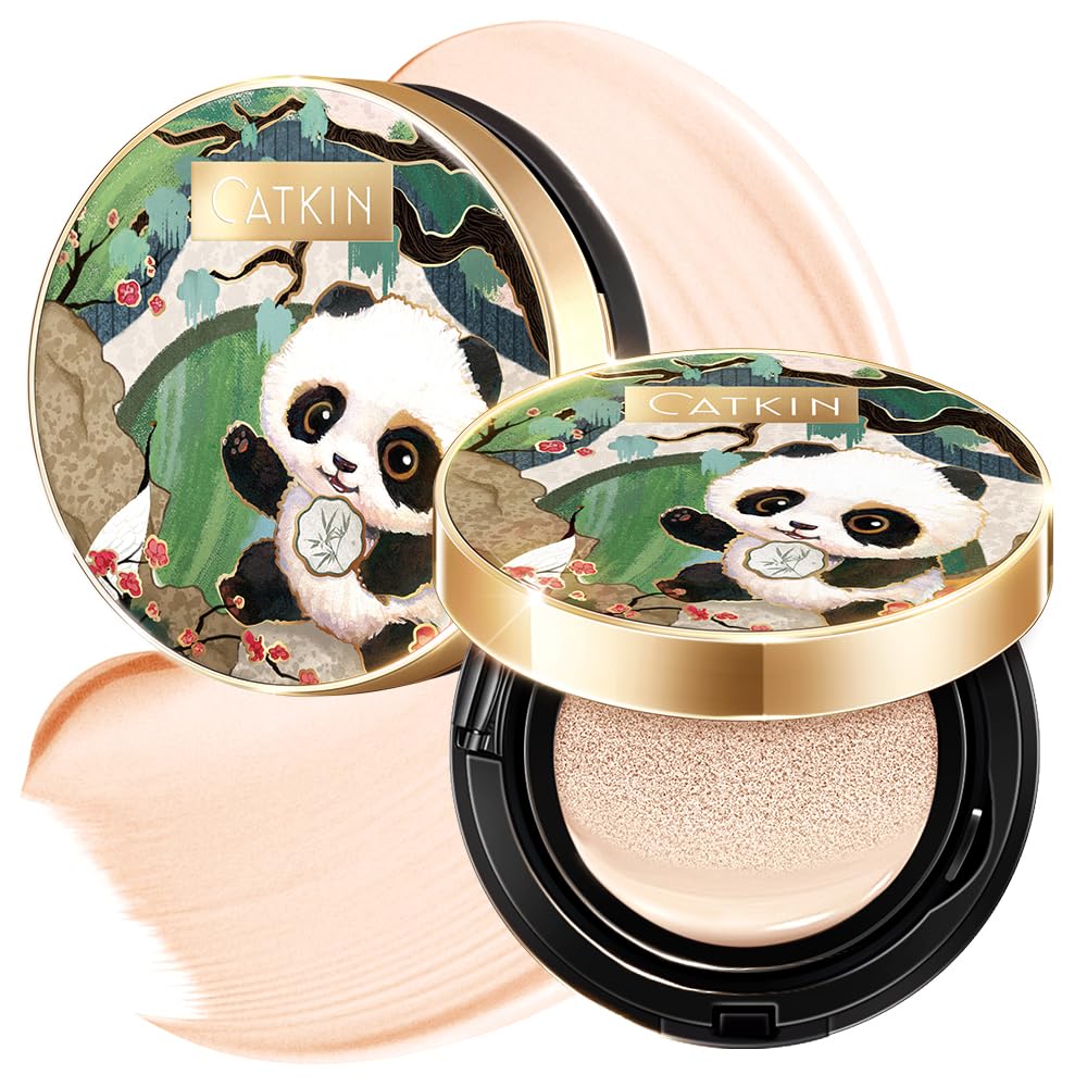 CATKIN Panda Land Foundation Full Coverage, Breathable Cushion Foundation with Nourishing and Long-wearing Formula for Sensitive Skin, Sheer Semi-matte Finish, Refill Included, 15g*2