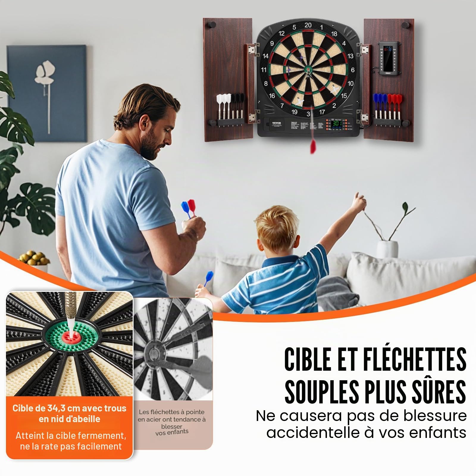 VEVOR Kit Cible de Fléchettes et Armoire Prêt à Jouer, Armoire à Fléchettes avec Tableau de Score Électrique, pour Jeux de Cricket