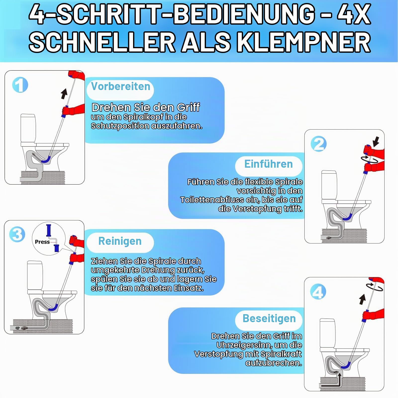 Rohrreinigungsspirale für Toiletten 1,8 m mit Nicht Kratzendem Silikonkopf | Robuste Edelstahlspirale zum sicheren Lösen von Verstopfungen in Toiletten und Abflussrohren, flexibel und einfach zu führen