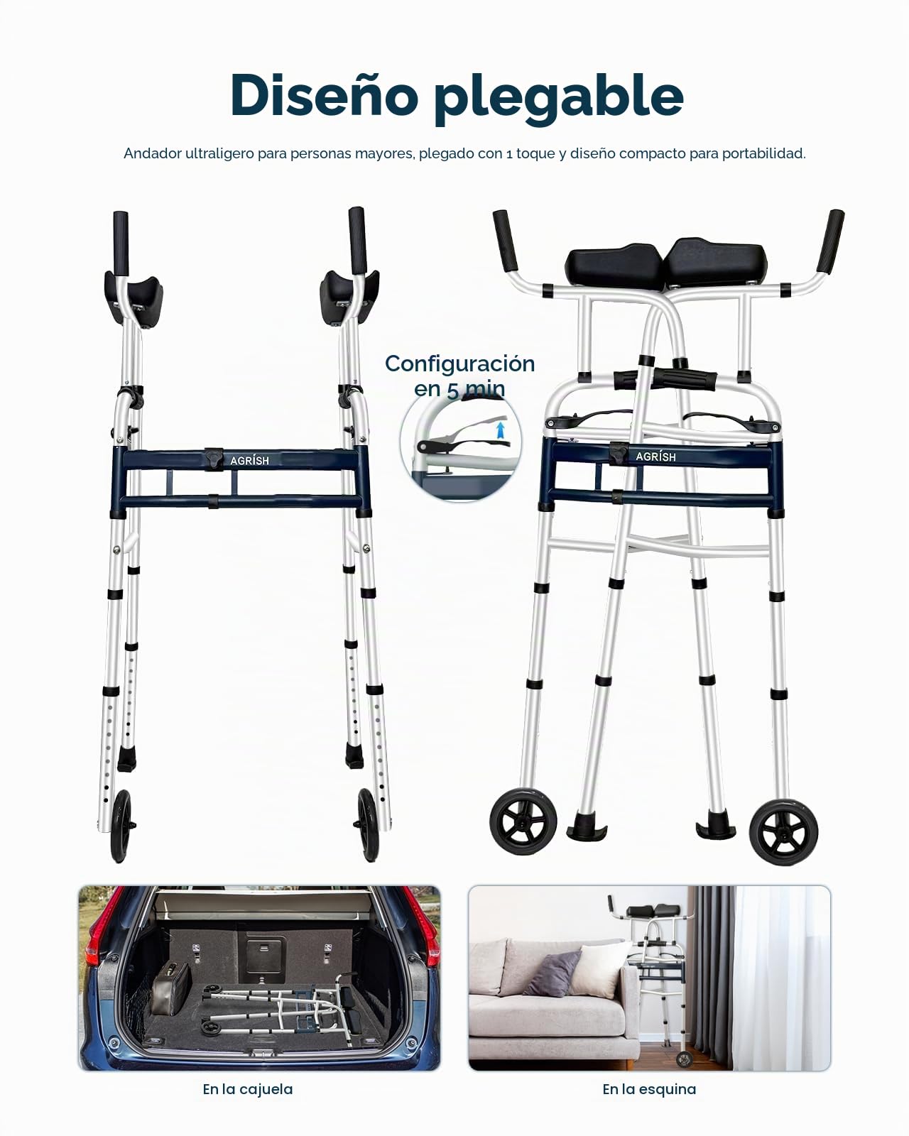 Andador Vertical Estrecho para Espacios Reducidos, Anchura 5 Niveles Altura 10 Niveles Regulable, Tacataca Plegable para Puertas Angostas, Caminadores Ligeros para Ancianos Mayores
