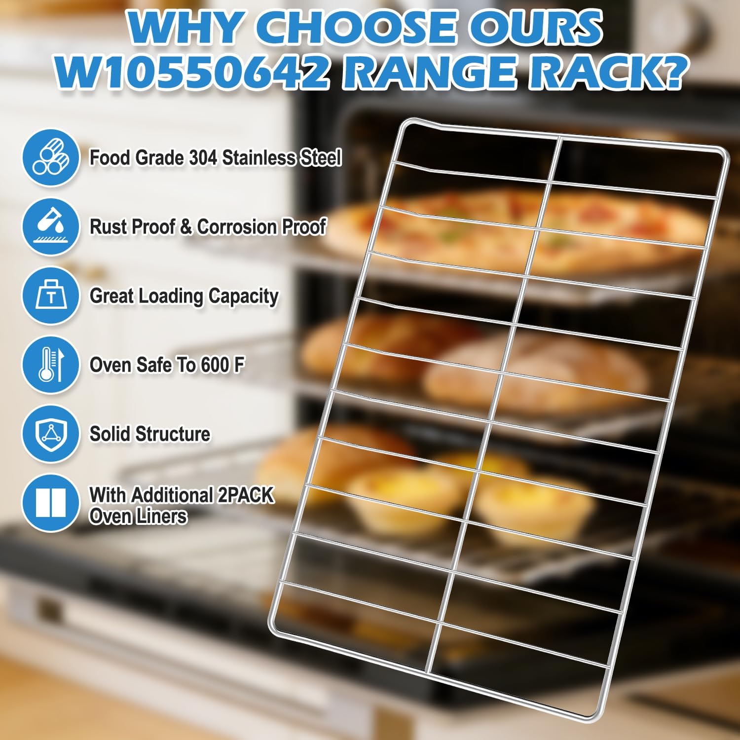 Upgraded WPW10550642 Oven Stove Rack Replacement For Whirlpool Oven Shelf Rack 304 Stainless Steel W10550642 WFG320M0BS3 WFG505M0BS3 Fits Maytag Amana Crosley Gas Range 24.8" x 15" Oven Wire Rack