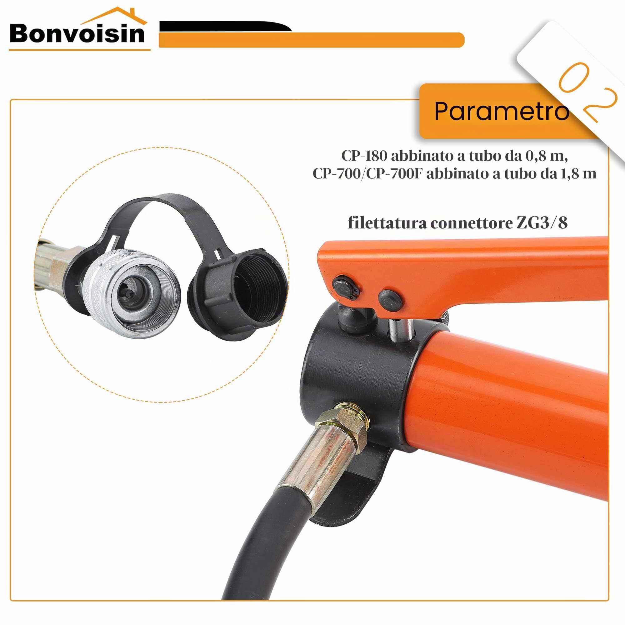 Bonvoisin CP-180 Pompa Idraulica Manuale, Alta Pressione 60kg/cm², Contenuto di Olio 400cc, con Lunghezza Tubo 0,8m, per Ponti/Edilizia/Macchinari