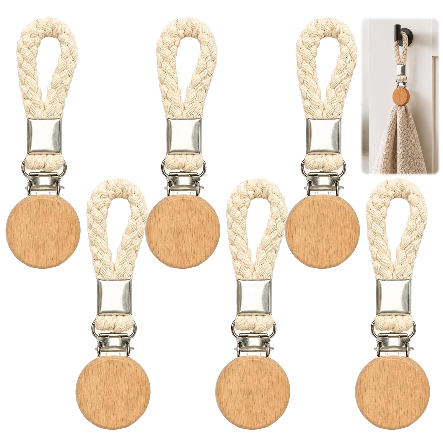 Kdkoeo 6 Pcs Towel Clips for Hanging, Multi Purpose Wood and Braided Tea Towel Clips for Bathroom, Cupboards, Cloth Hangers, No-Drill Cotton Rope Hanging for Dishcloths, Hand Towels, Bathroom Storage