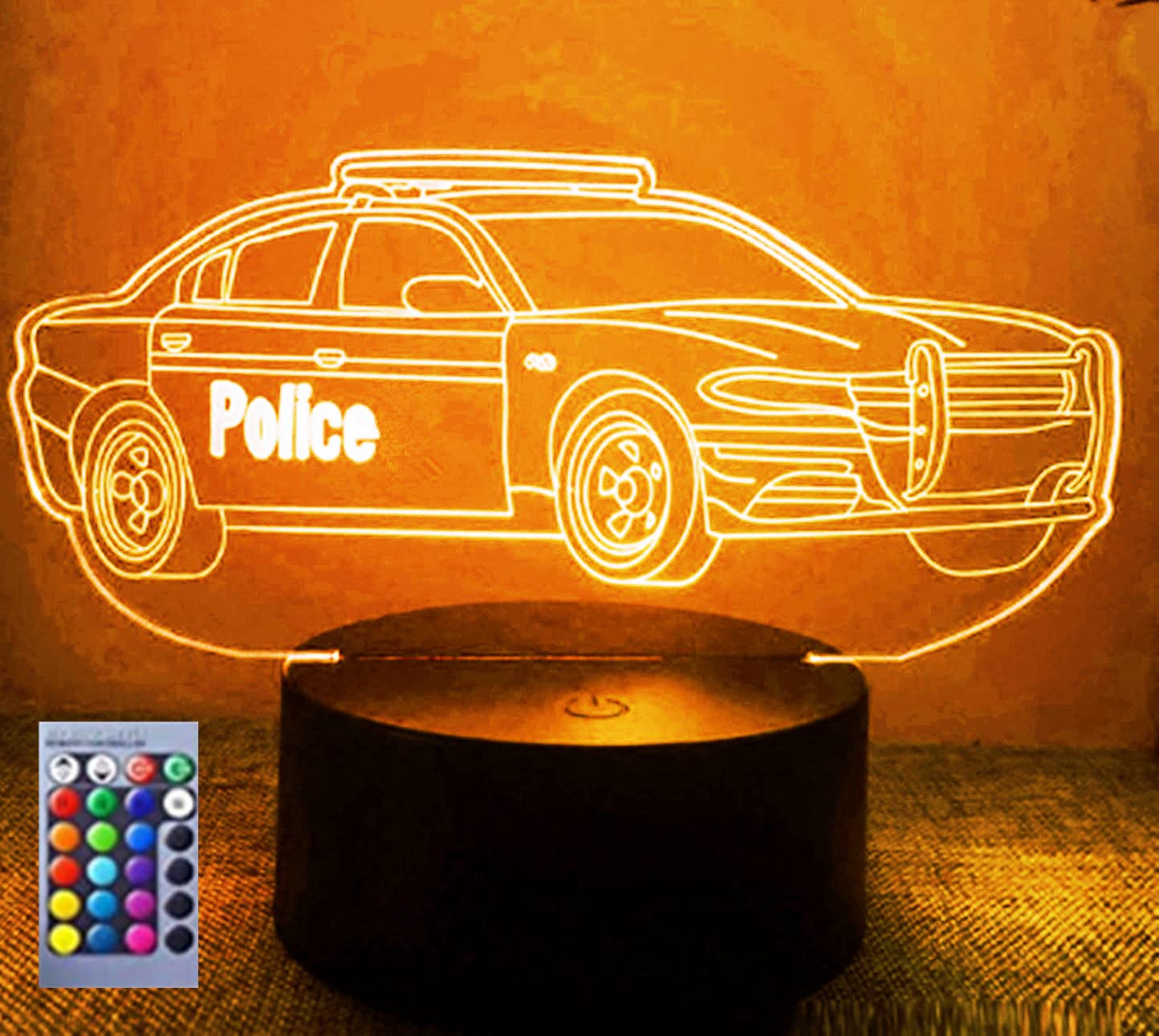 Jinnwell 3D Police car Night Light Lamp Illusion Night Light 16 Color Changing Table Desk Decoration Lamps Gift with Acrylic Flat ABS Base USB Cable
