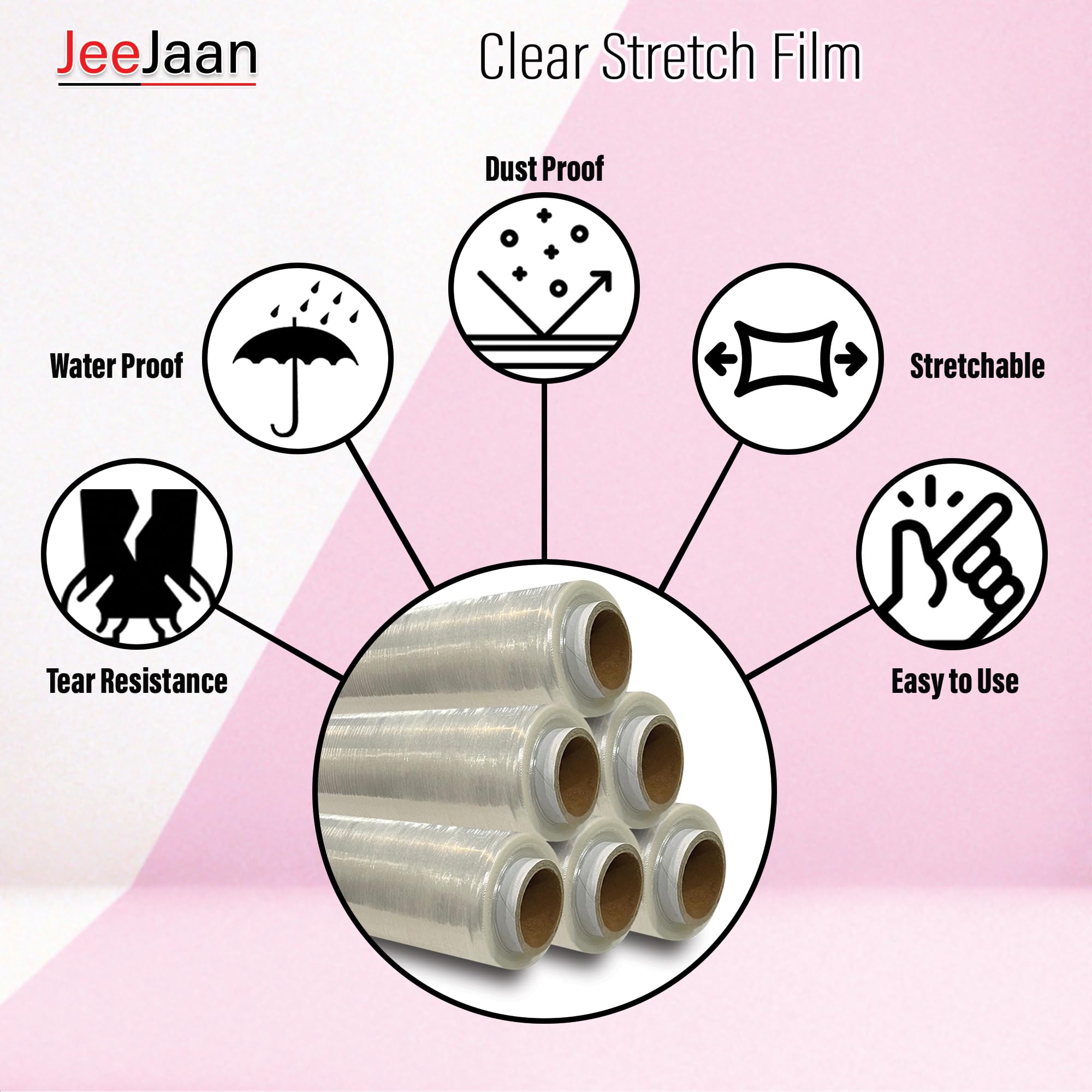 JeeJaan® Lot de 6 rouleaux de film étirable transparent pour palettes de 400 mm, 750 g, noyau standard de 20 µm, résistance industrielle, film étirable, film étirable, emballage plastique | Emballage