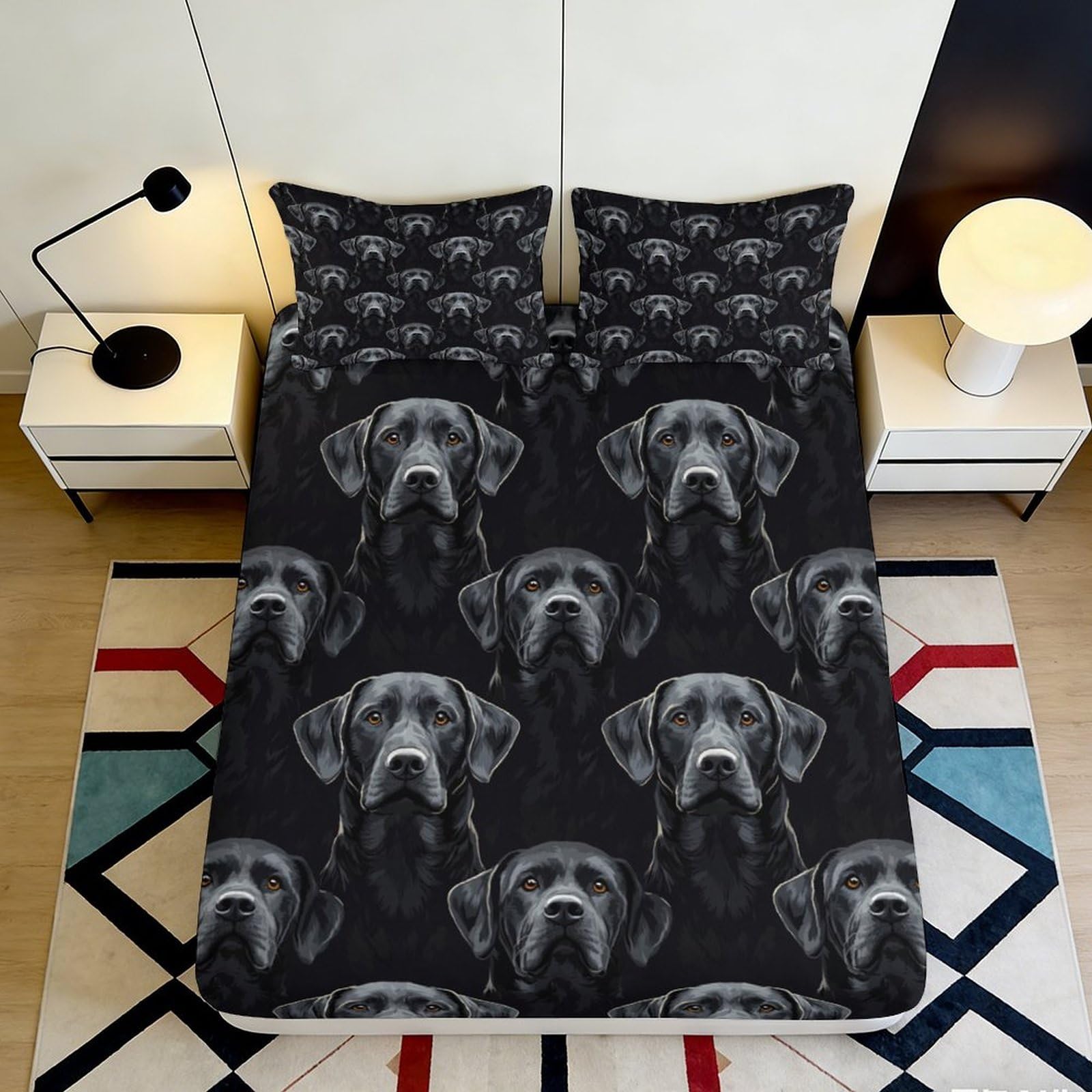 3D Printed Black Labrador Dog Fitted Sheet Microfiber Soft Anti-Slip Animal Pattern Bed Cover for Bedroom Dorm Mattress Protection 160x200x25cm