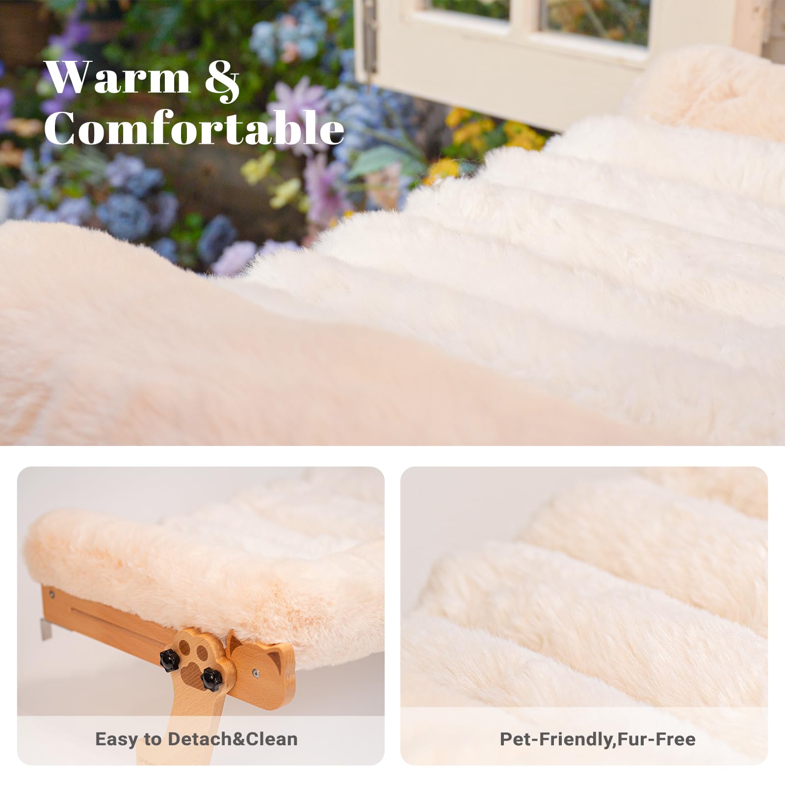 CHEERHOME PETS Percha de ventana para gatos con refuerzo, cama para gatos grandes, hamaca para ventana, asiento de madera ajustable para alféizar de la ventana de la mesita de noche (blanco roto)