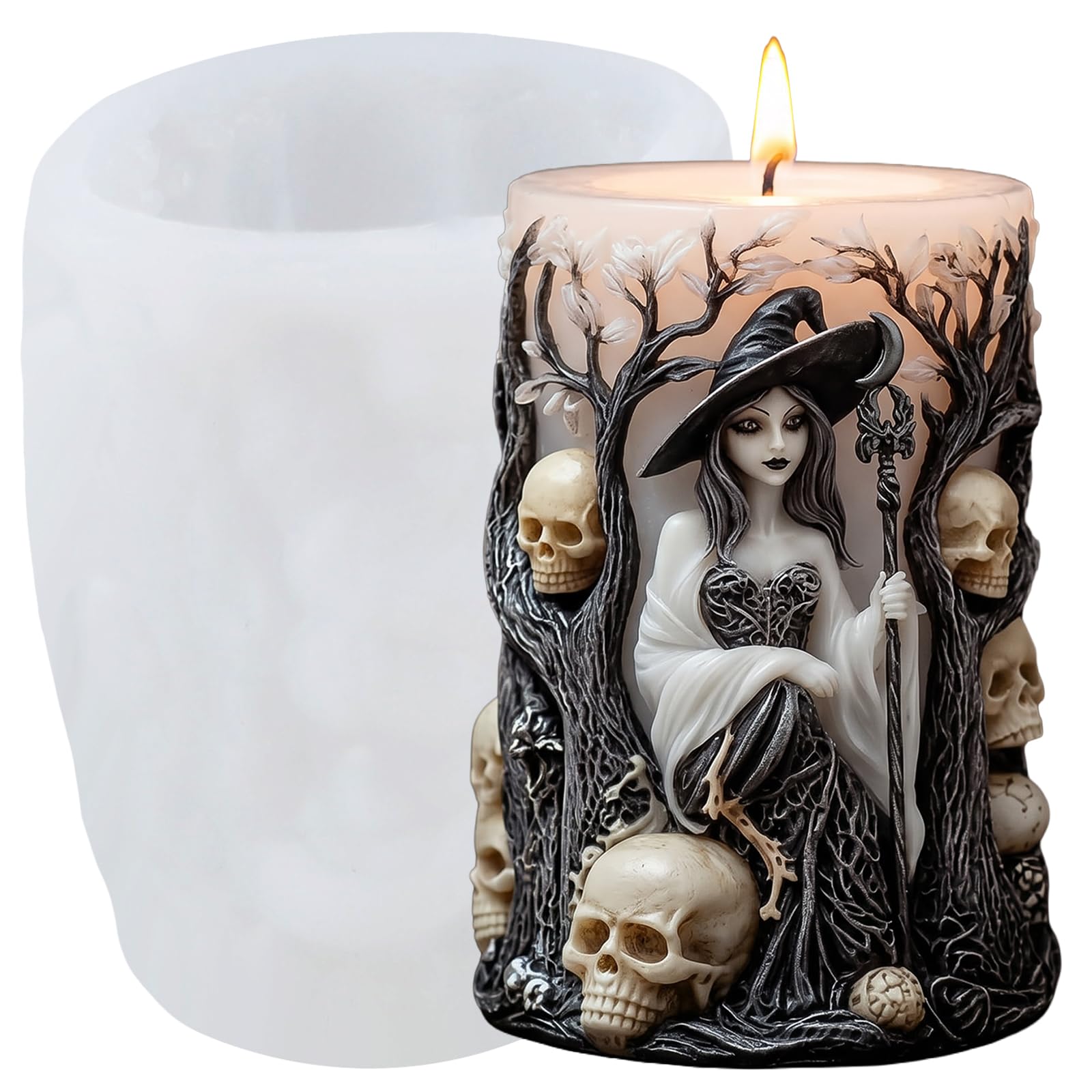 XIAOSHUI Halloween Witch Pillar Candle Mould Witch Skull Silicone Resin Casting Moulds for Candles Making Aromatherapy Candles Wax Polymer Clay Home Decoration