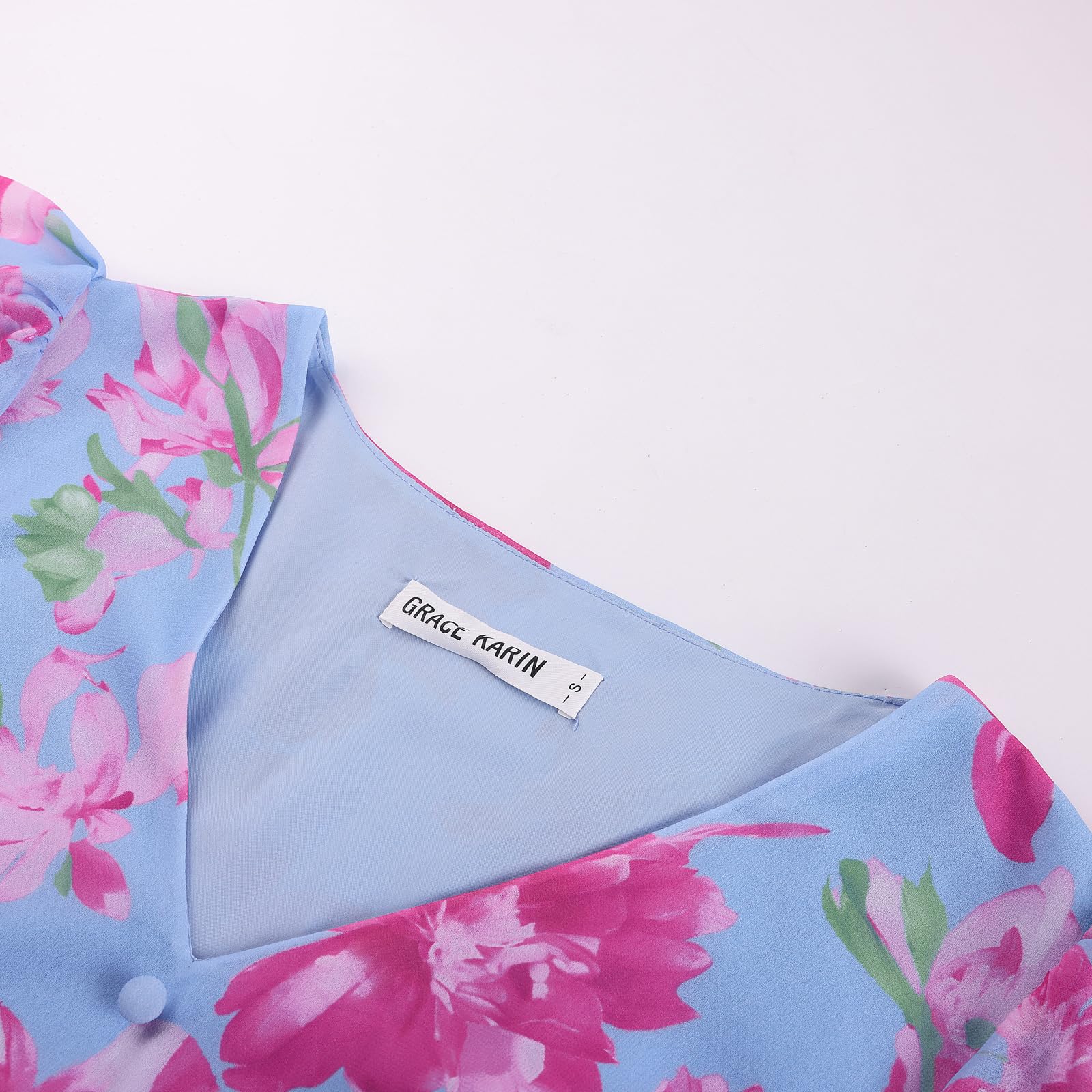 GRACE KARIN Abito estivo da donna con scollo a V, motivo floreale, con tasche, maniche a volant, linea ad A, aderente in vita