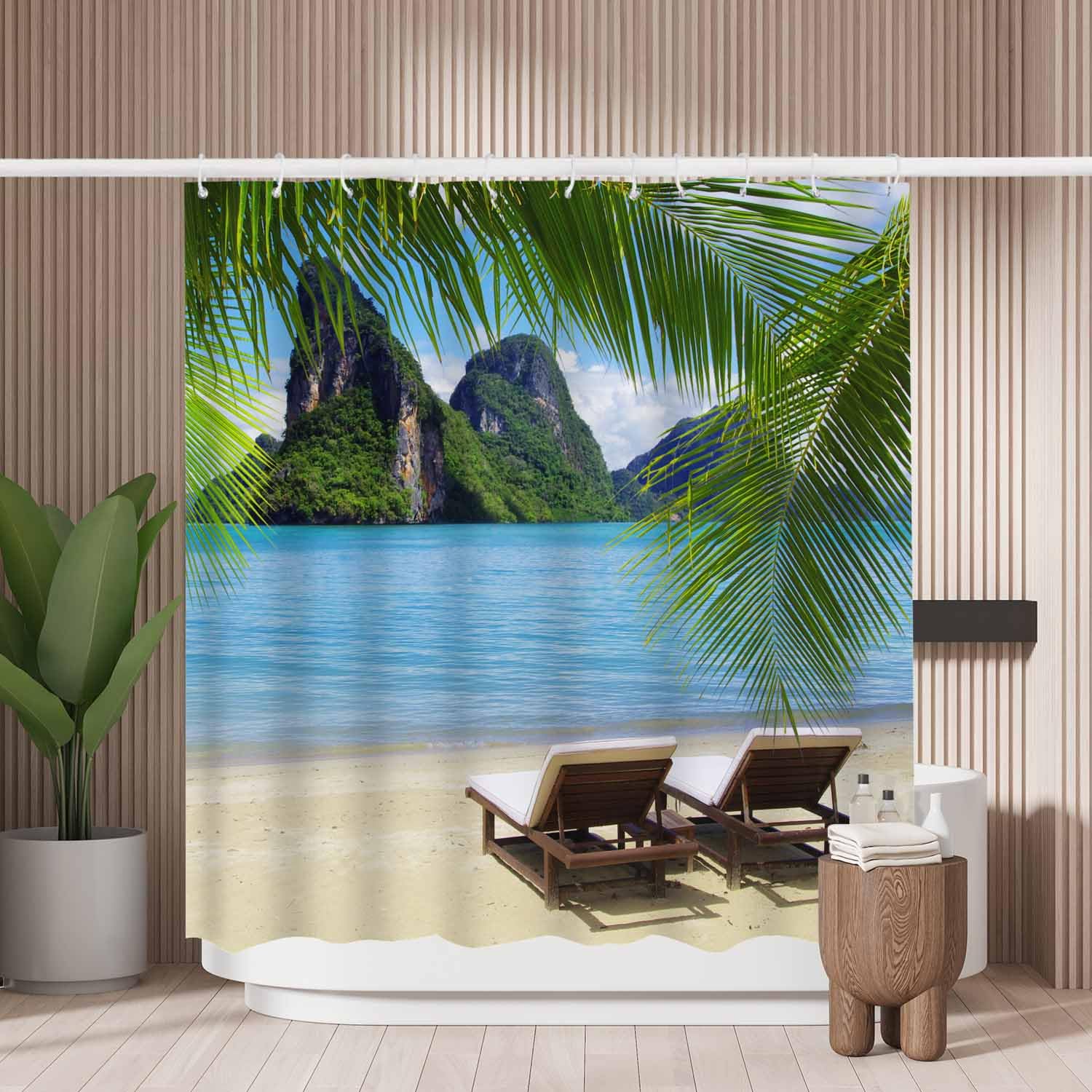 Woutay Shower Curtain Mould Proof Resistant Summer Sea Beach,Water Repellant Fabric,Polyester,with 12 Plastic Hooks