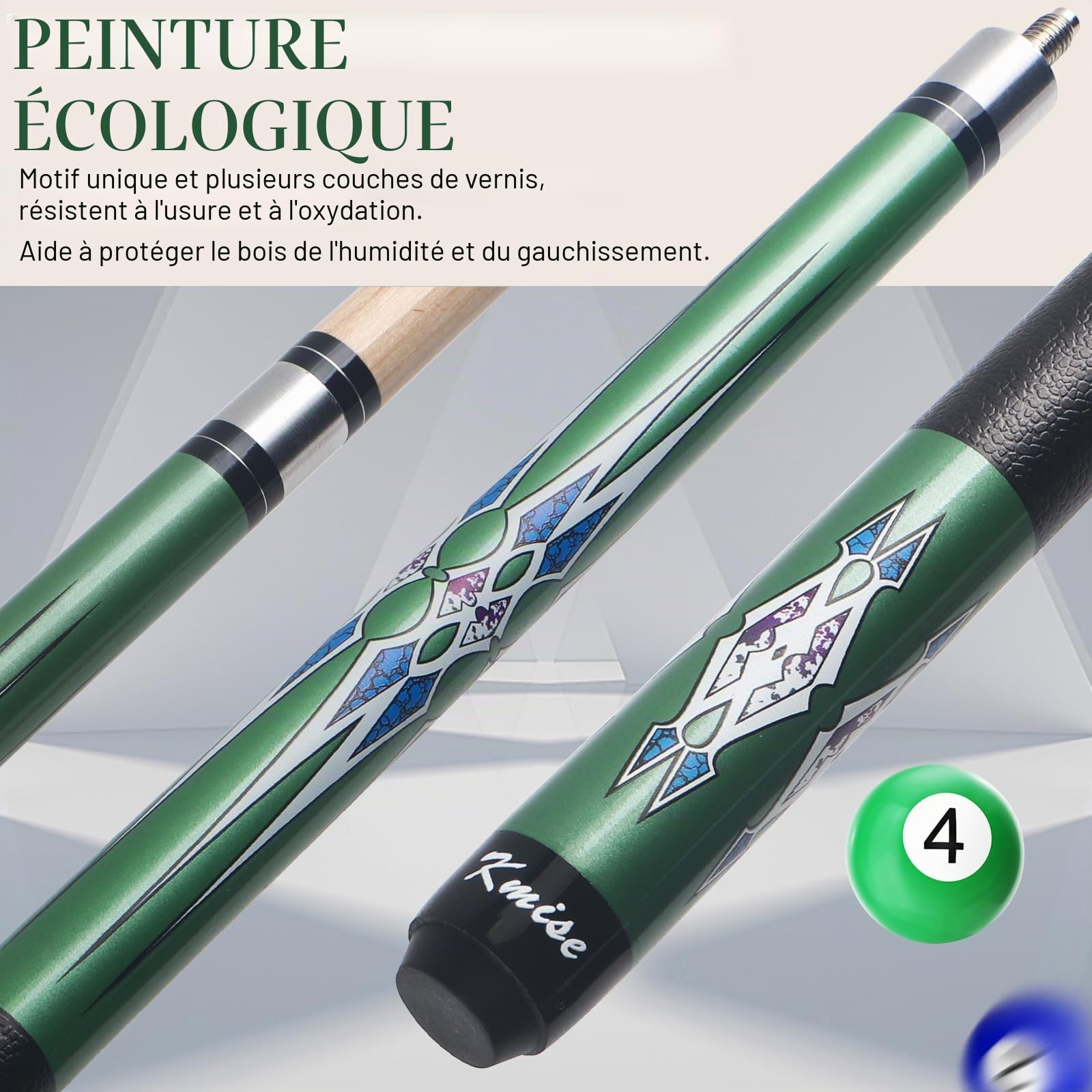 Kmise Queue de Billard Professionnelle en érable Canadien, 147 cm, poignée améliorée, 4 Couleurs optionnelles, livrée avec Craie et Gants