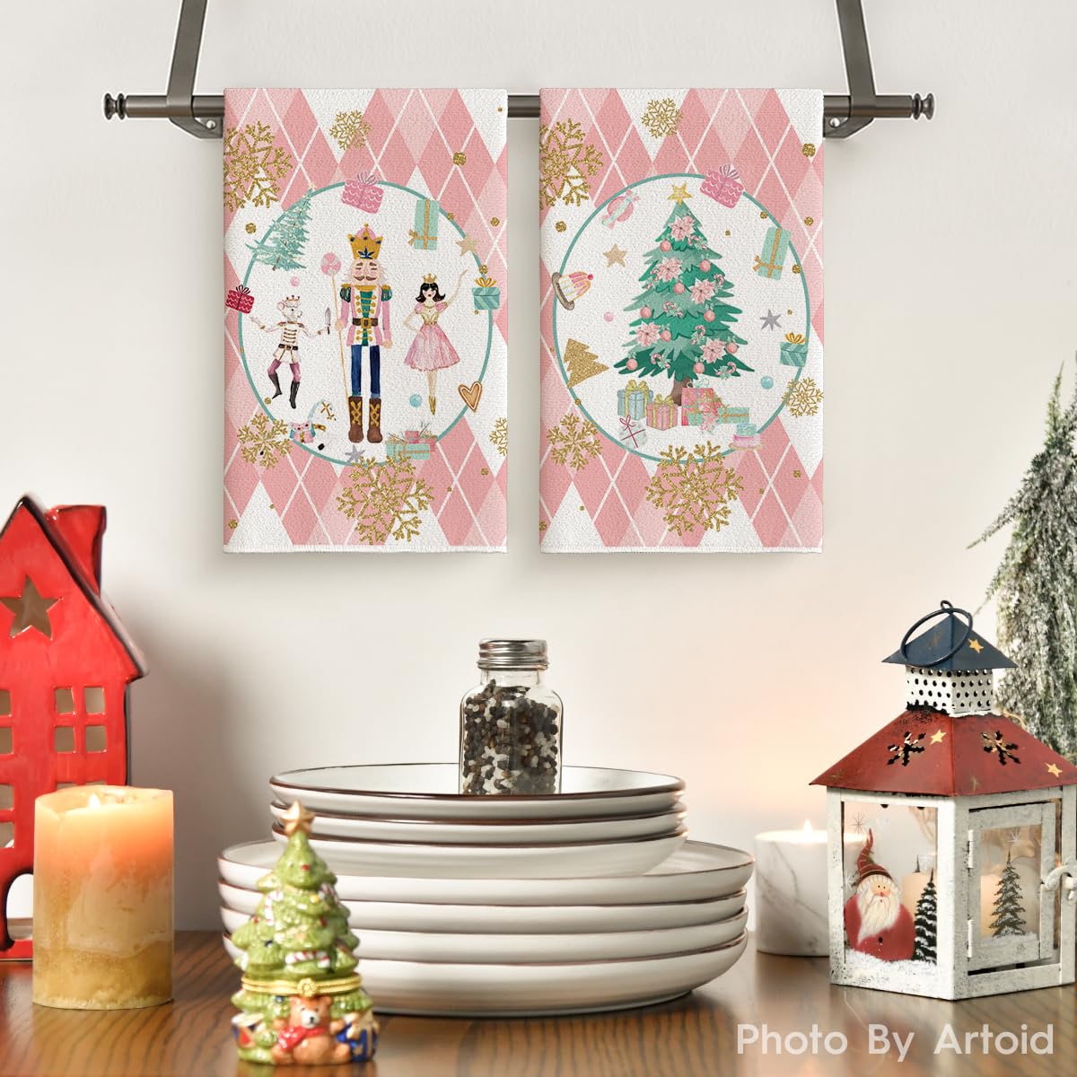 Artoid Mode Pink Nutcrackers Tree Christmas Kitchen Towels Dish Towels, 18x26 Inch Seasonal Winter Xmas Decoration Hand Towels Set of 2