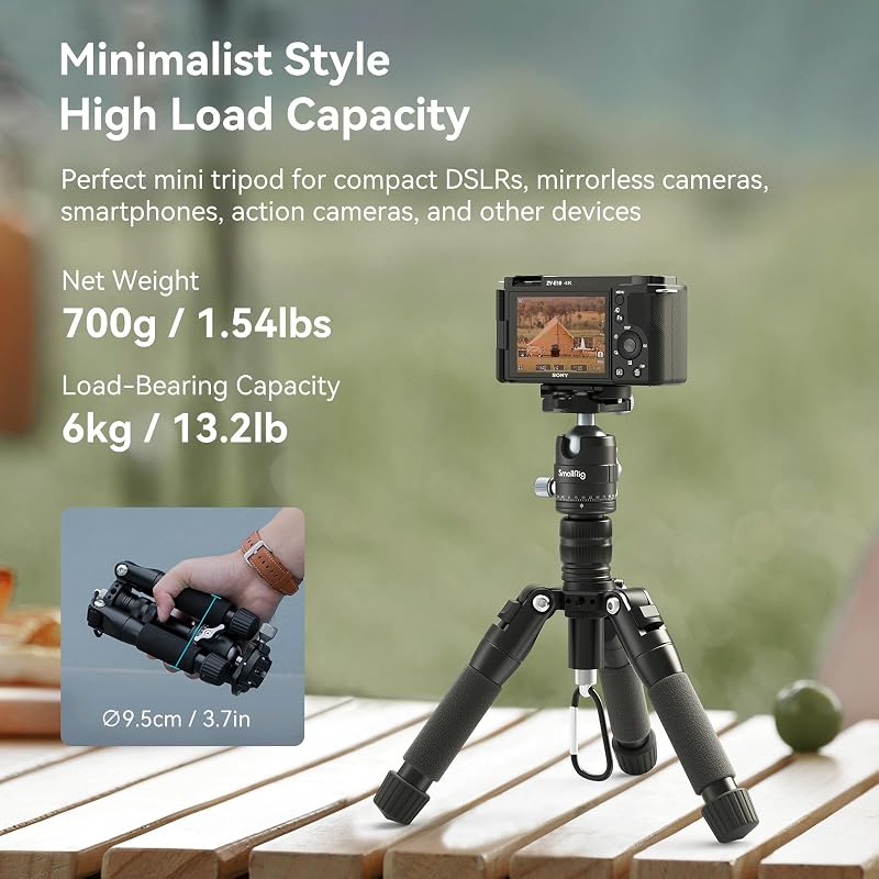 SMALLRIG Alumínium Mini Állvány 52 cm 360° Gömbfejjel - Kompakt Kamera Tripod Canon, Sony, Nikon, Fujifilm Gépekhez - 6 kg Teherbírás